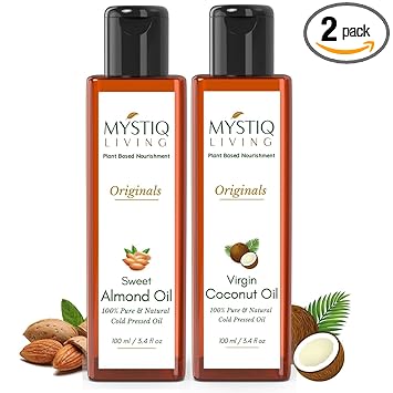 Mystiq Living Originals Combo - Sweet Almond Oil & Virgin Coconut Oil| Hair, Skin & Baby Massage | Cold Pressed, 100% Pure & Natural - 200ML (Pack of 2) - 100 ML Each