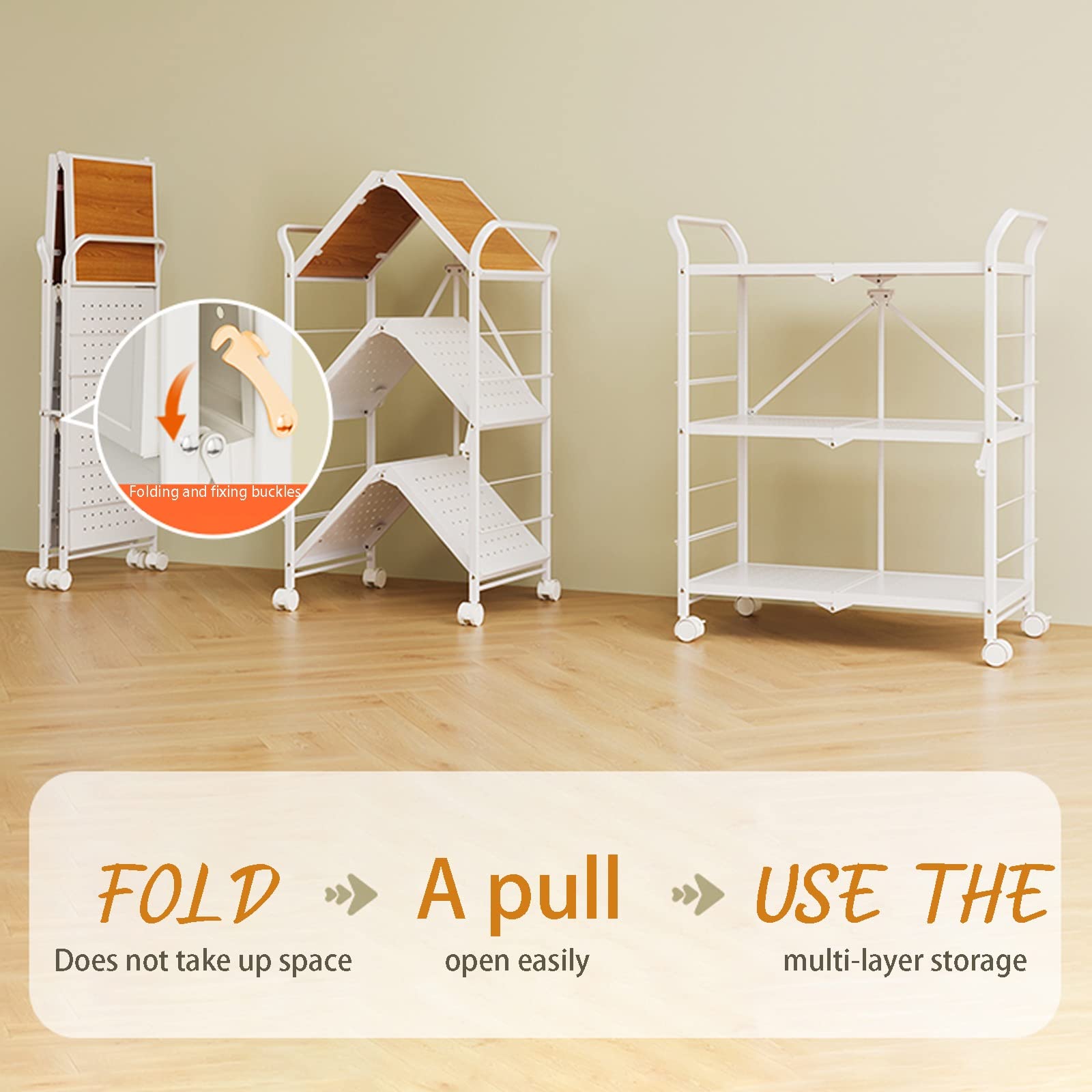 ROFBIHG Carrito Auxiliar con Ruedas, Carro Utilitario con Ruedas De 3 Niveles, 83x63x36cm, Blanco, Rueda Universal Silenciosa, Plegable, Se Pueden Colocar Bebidas, Cosméticos, Bocadillos