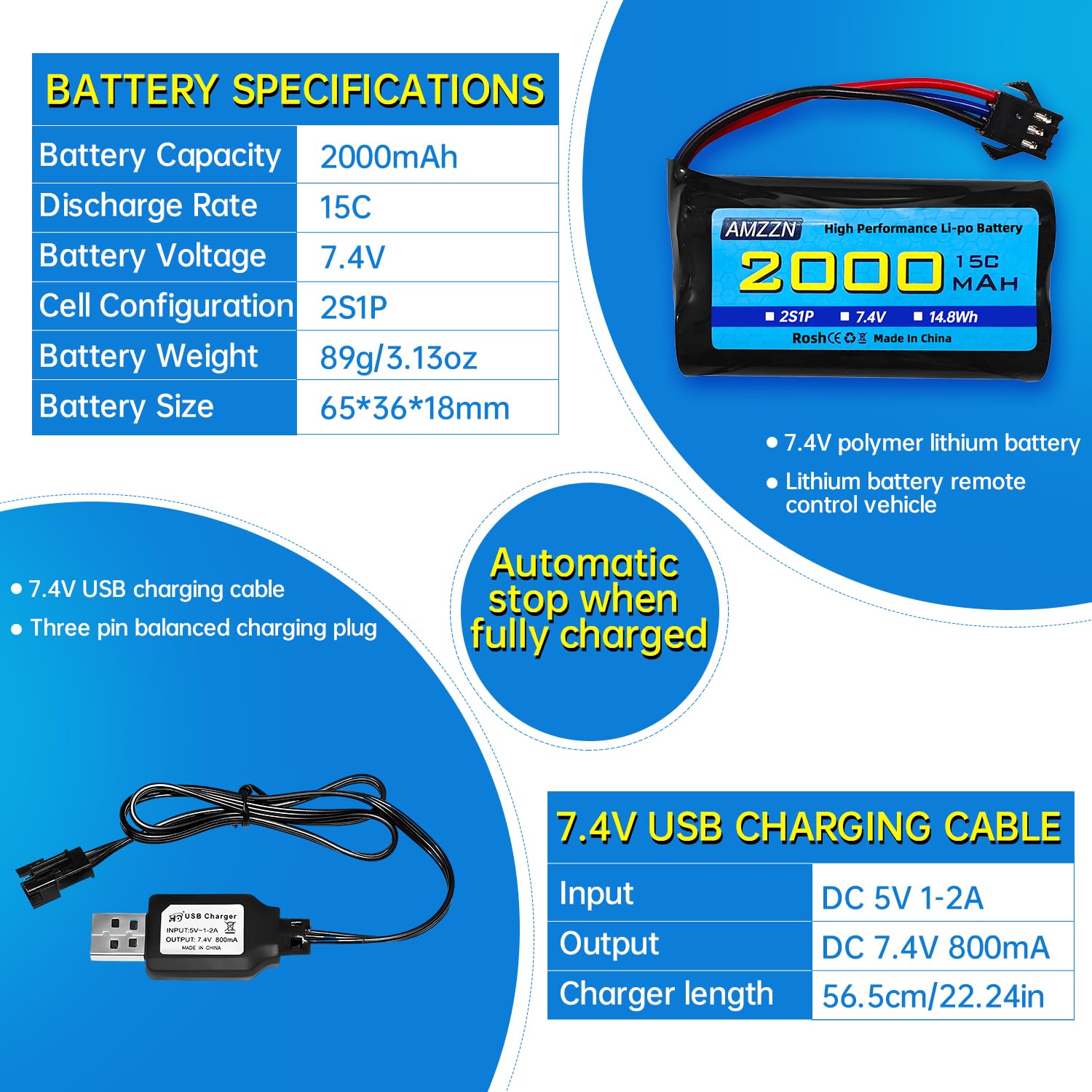 Batería Lipo 7.4V 2000mAh 2S Con Cargador USB Para Coches RC DE43, DE60, Huina 1575 - Enchufe SM-3P