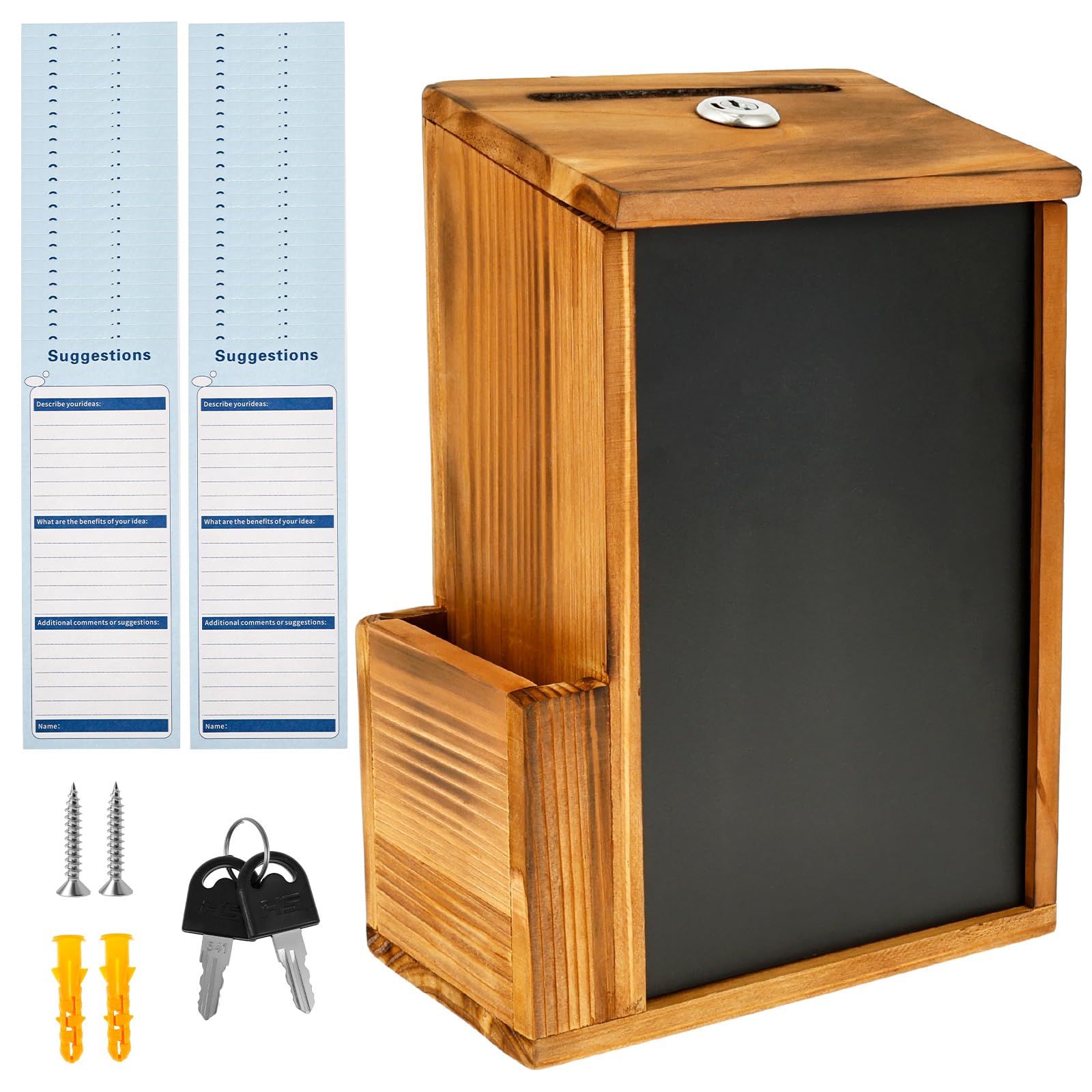 GWCYMYD Wood Suggestion Box, Lockable Donation Box with 50 Suggestion Cards and 2 Keys, Ballot Boxes with Slot, Prayer Boxes for Office School Restaurant Church