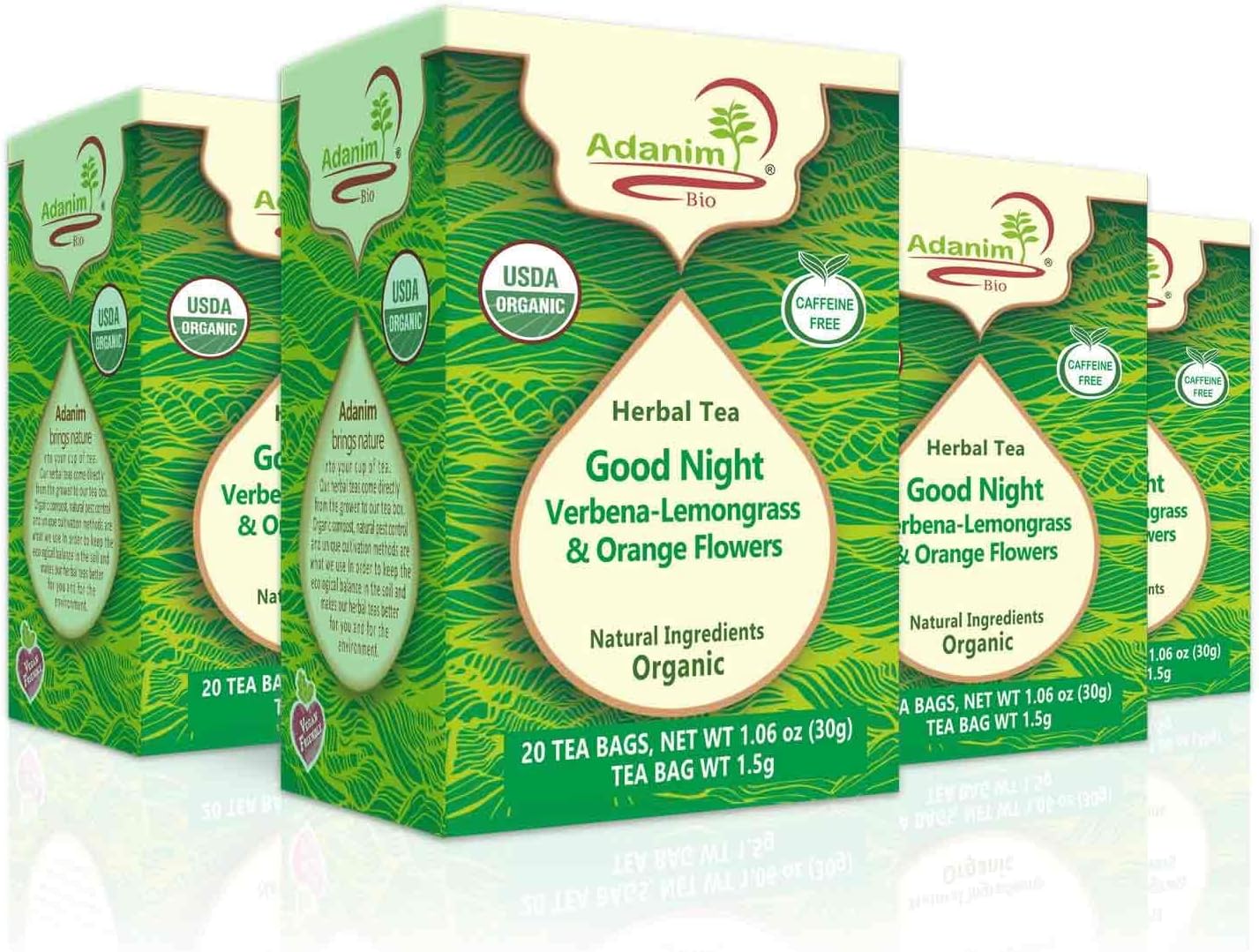 Adanim Bio Good Night Lemon Verbena Tea Lemongrass Herbal Tea Orange Flowers 1.5g x 80 Individually Wrapped Tea Bags Premium USDA Organic Caffeine Free Wellness Tea Relax Natural Ingredients for Sleep