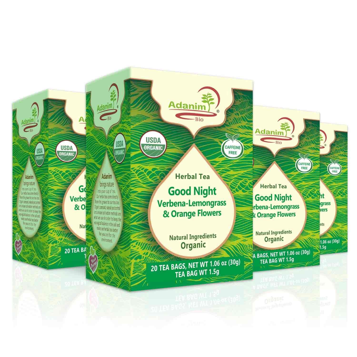 Adanim Bio Good Night Lemon Verbena Tea Lemongrass Herbal Tea Orange Flowers 1.5g x 80 Individually Wrapped Tea Bags Premium USDA Organic Caffeine Free Wellness Tea Relax Natural Ingredients for Sleep