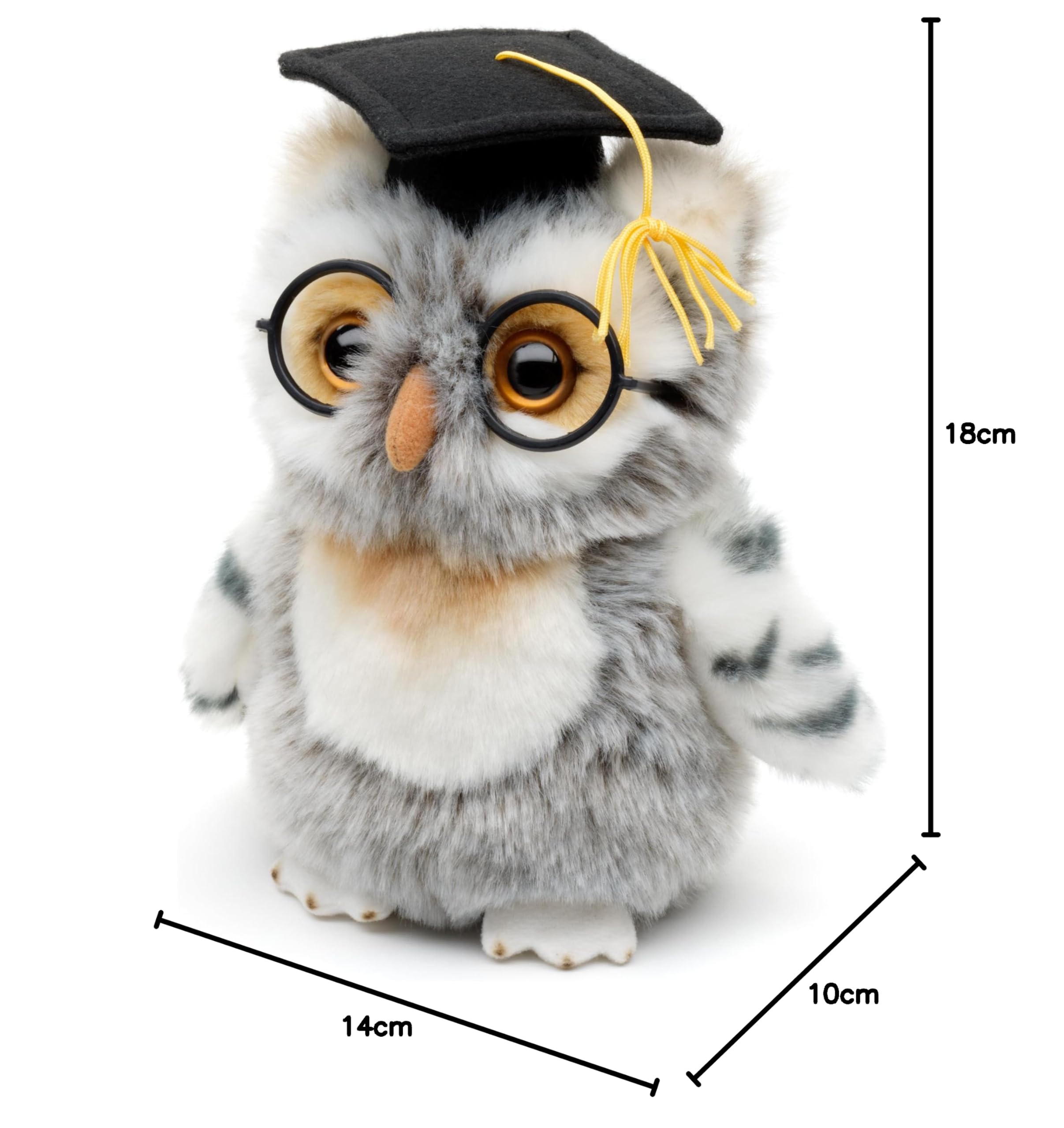 Uni-Toys - Sowa (szaro-biała) z kapeluszem lekarskim i okularami - 18 cm (wysokość) - pluszowy ptak - pluszowa zabawka, przytulanka