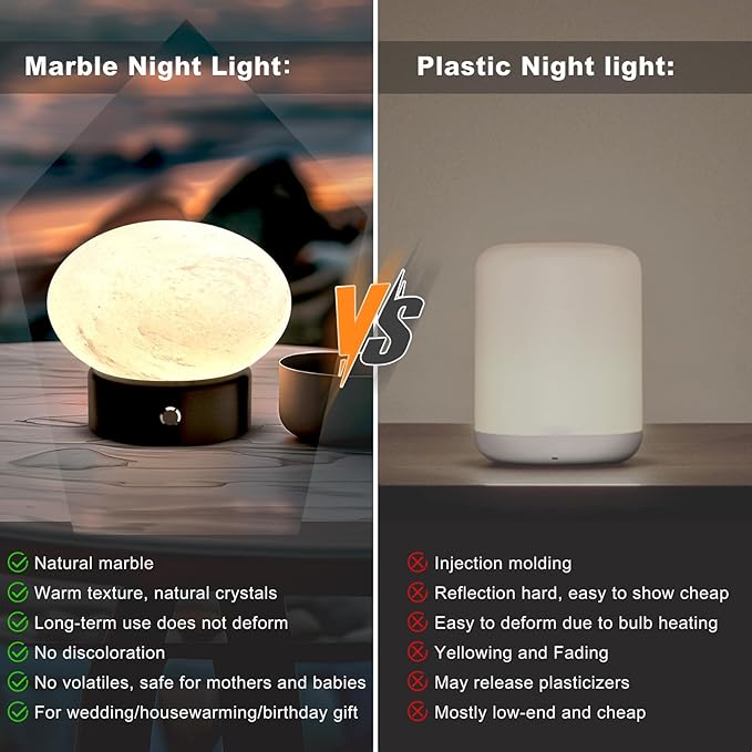 Namib Bianco Small Decorative Lights Bedside Table, Round Marble Cordless Table lamp, USB Rechargeable Dimmable Desk Lamp Touch Bedside Lamp for Night at Nursery/Bedroom/Office/Outdoor Patio/Meditation/Gift photo 3
