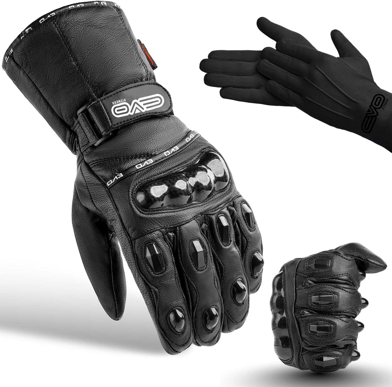 Evo New Leather Motorbike Motorcycle Bike Heavy Duty Waterproof Winter Thermal Carbon Shell Gloves "Winter Thermal Inner Gloves Included FREE" (Small)