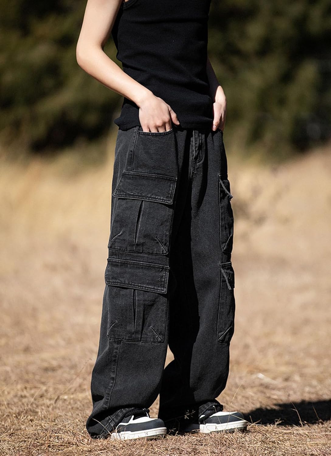 Baggy Cargo Jeans Men Teen Boys Casual Loose Jeans Flap Pockets Y2k Denim Pants 90s Hip Hop Streetwear Medium Black image 6 of 7 B0D2XSJVF3