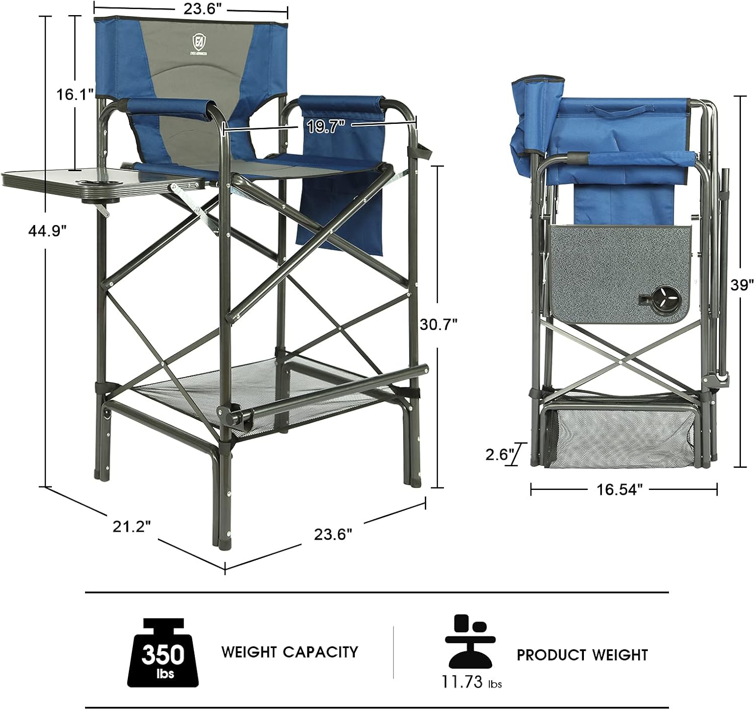 EVER ADVANCED Tall Directors Chair Foldable Makeup Artist Chair Bar Height with Side Table Cup Holder and Storage Bag Footrest, Supports 350LBS (Blue/Grey) : Home & Kitchen