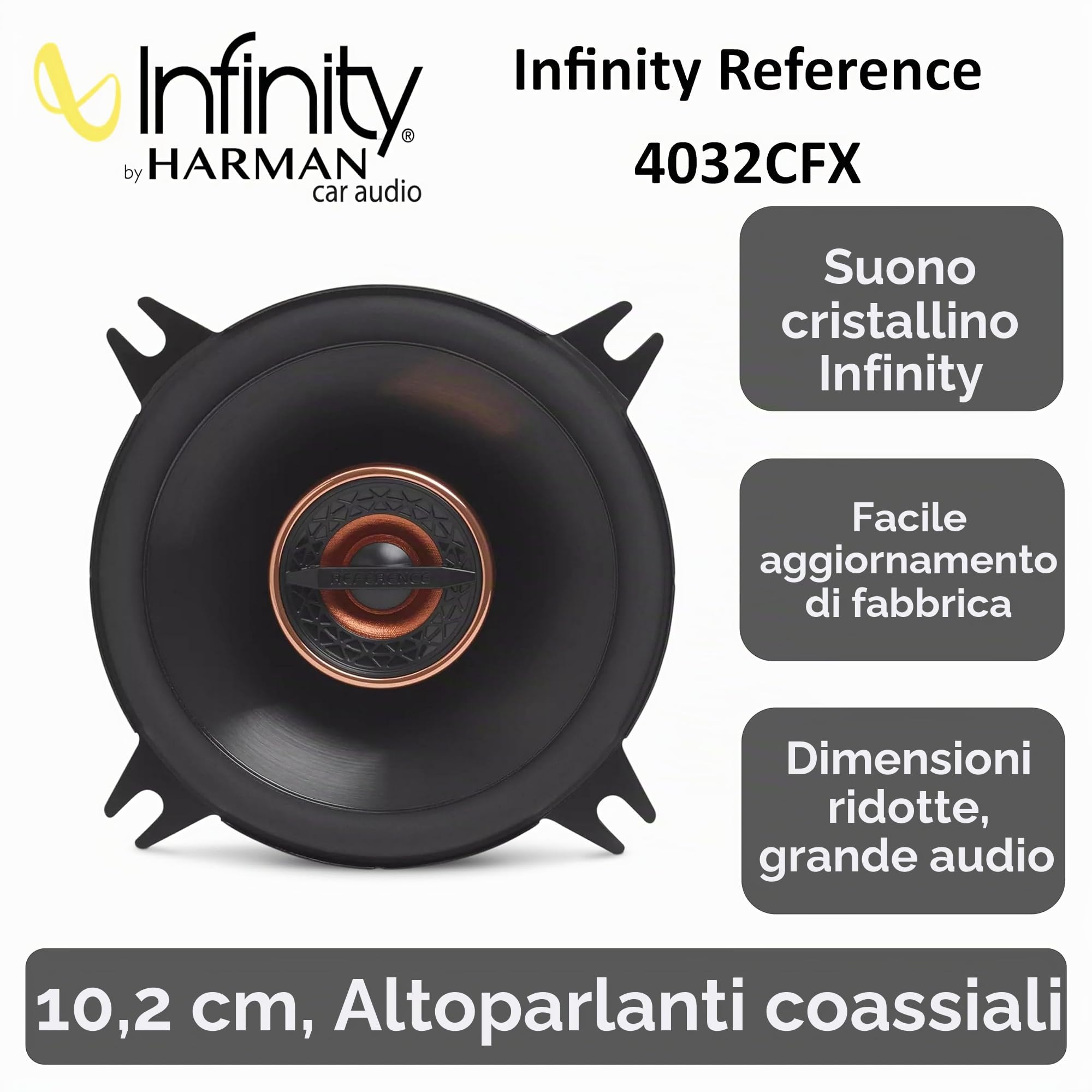 Infinity Reference 4032CFX Altoparlanti Coassiali Auto 2 Vie 100mm 4 Pollici 35W RMS Cono Woofer Plus One Tweeter in Seta Edge-Driven Upgrade Audio per Qualsiasi Veicolo e Suono Nitido e Dettagliato