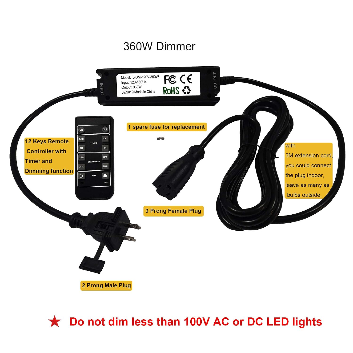 Bulbstring 360W Light Dimmer Plug in - AC Weatherproof Cord Dimmer Switch for Outdoor LED Light, 50ft Range Remote Control Timer Controller, Plug-in 3 Prong Outlet with 9.8ft Extension Cord