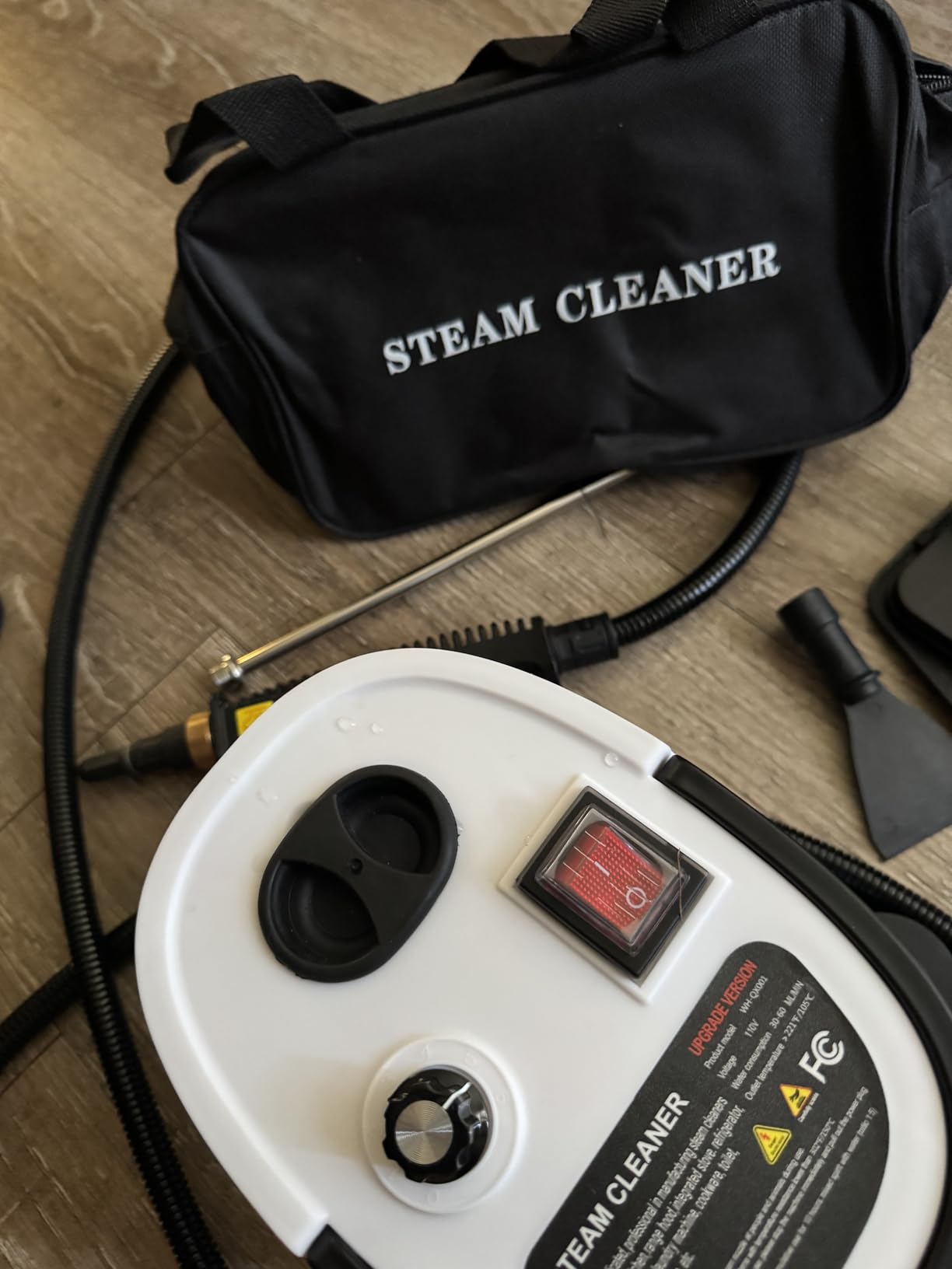 Compact portable functional steam cleaner.