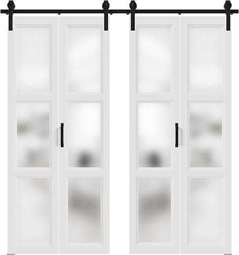 Miniatura 7 de Puerta corredera de granero biplegable de 72 pulgadas x 2 pulgadas x 84 pulgadas, panel de vidrio templado esmerilado de 3 litros con juego de