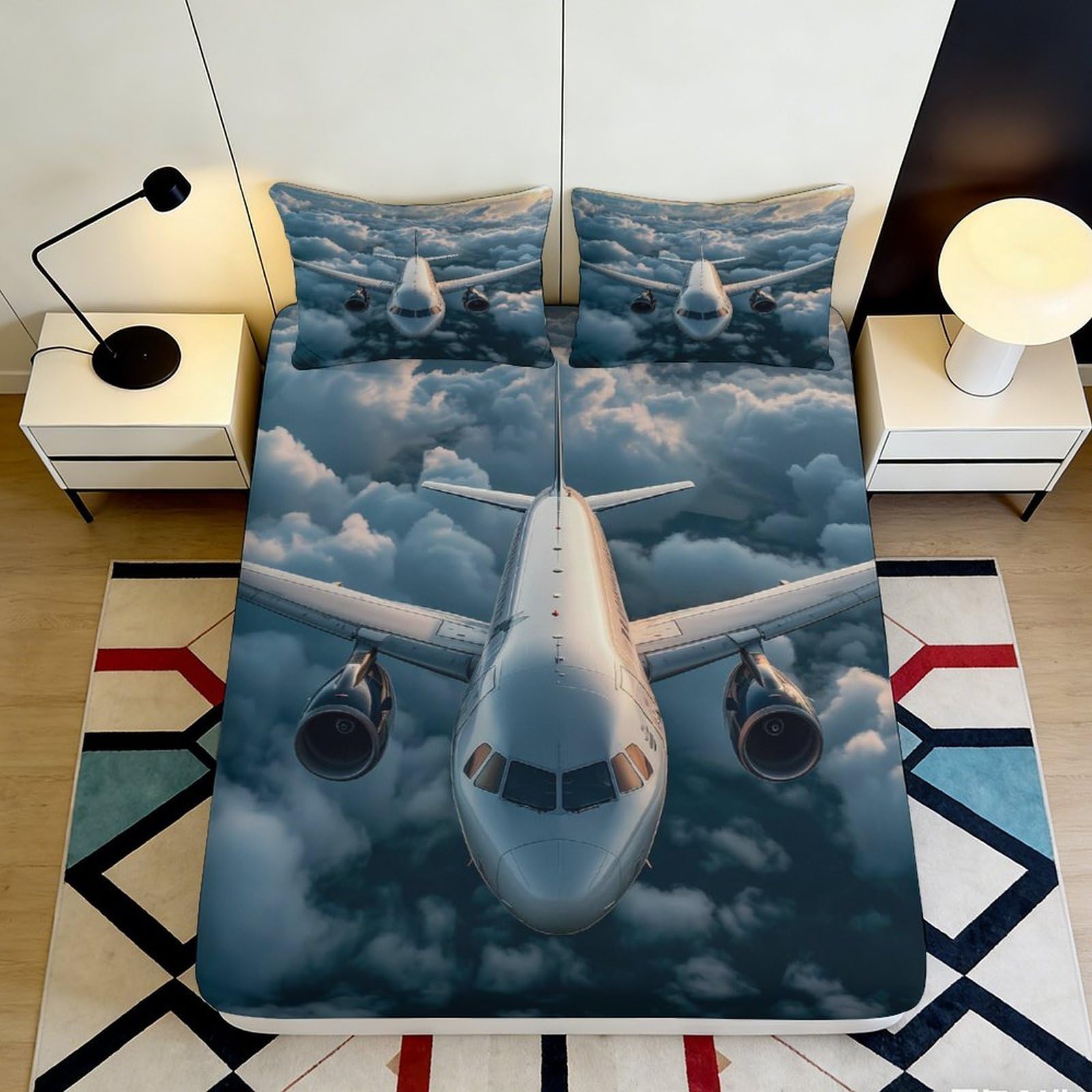 3D Printed Airplane Fitted Sheet Microfiber Soft Breathable Cloud Bed Cover for Bedroom Dormitory Guest Room Mattress Protection Decor 180x200x25cm