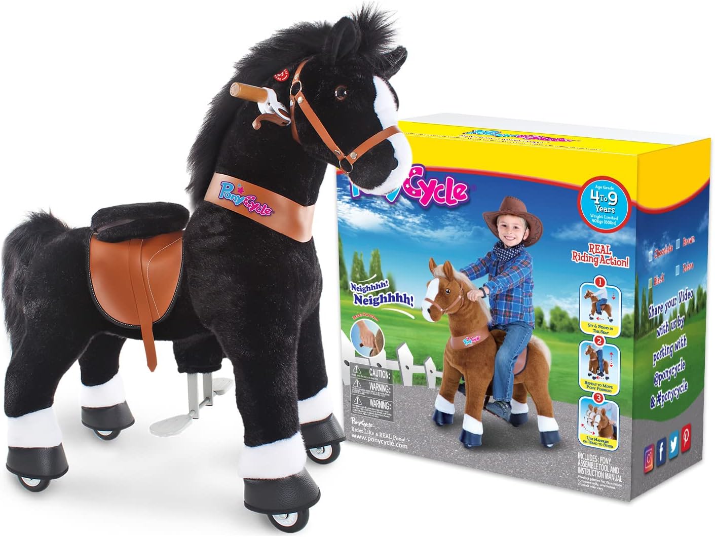 PonyCycle Ride on Toys Kids Riding Horse Ride-on Rocking Horse Pony Cycle for Toddlers Walking Animal Unicorn Toys Birthday Gifts Black Horse Size 4 for Age 4-8 Ux426