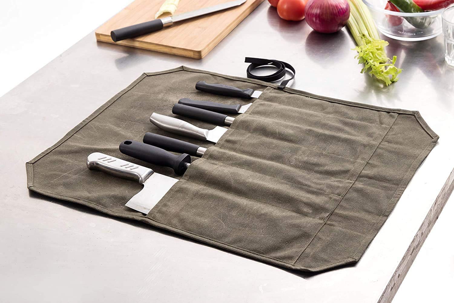 Knife Bag ,Knife Roll,Heavy Duty Knife Case,Waxed Canvas Chef Knife Roll Bag,Fold Up Knife