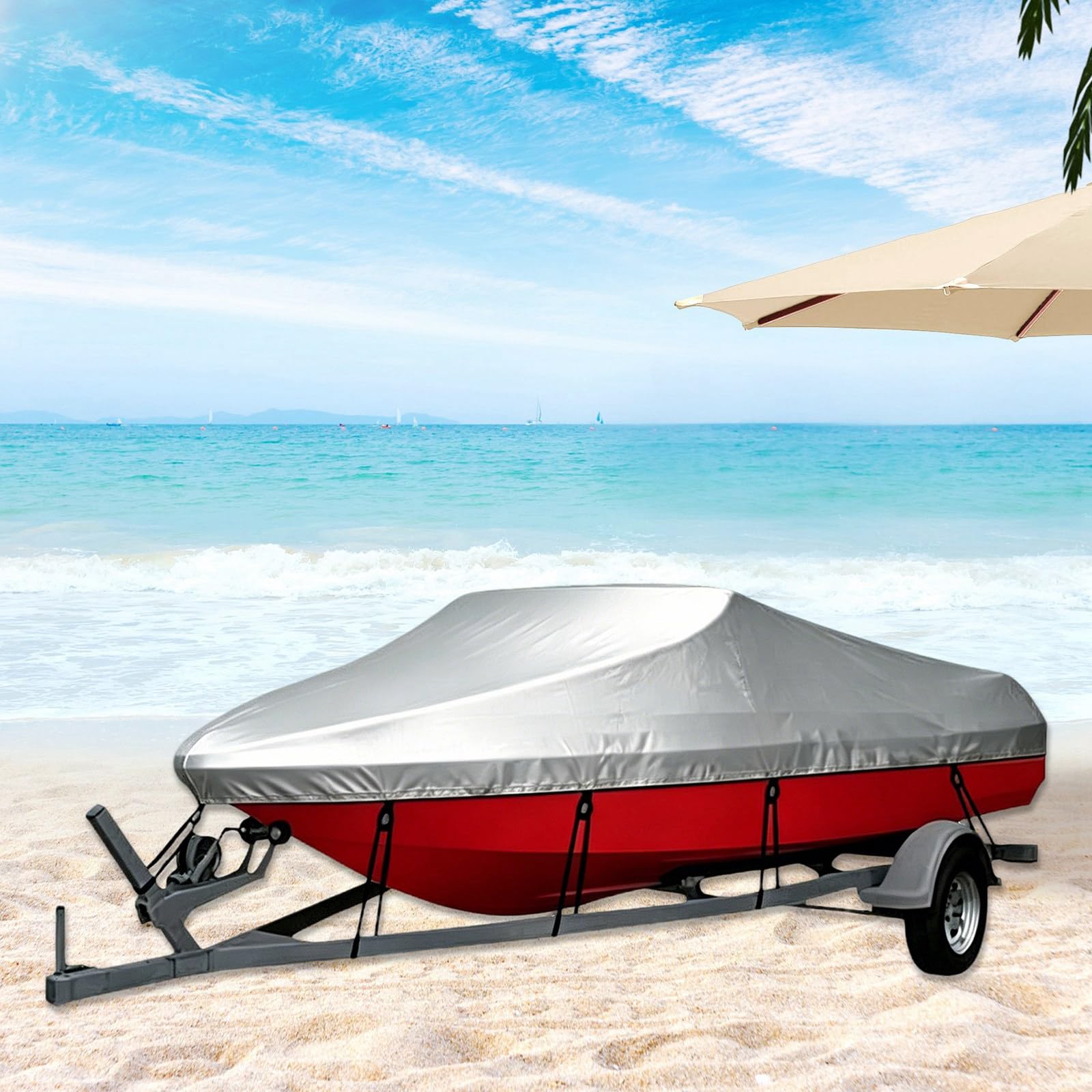 JSCARLIFE Copertura per barca, impermeabile 210D, resistente, in poliestere di grado marino, con scafo a V, per pesca e sci, protezione UV per tutte le condizioni atmosferiche, con cinghie di