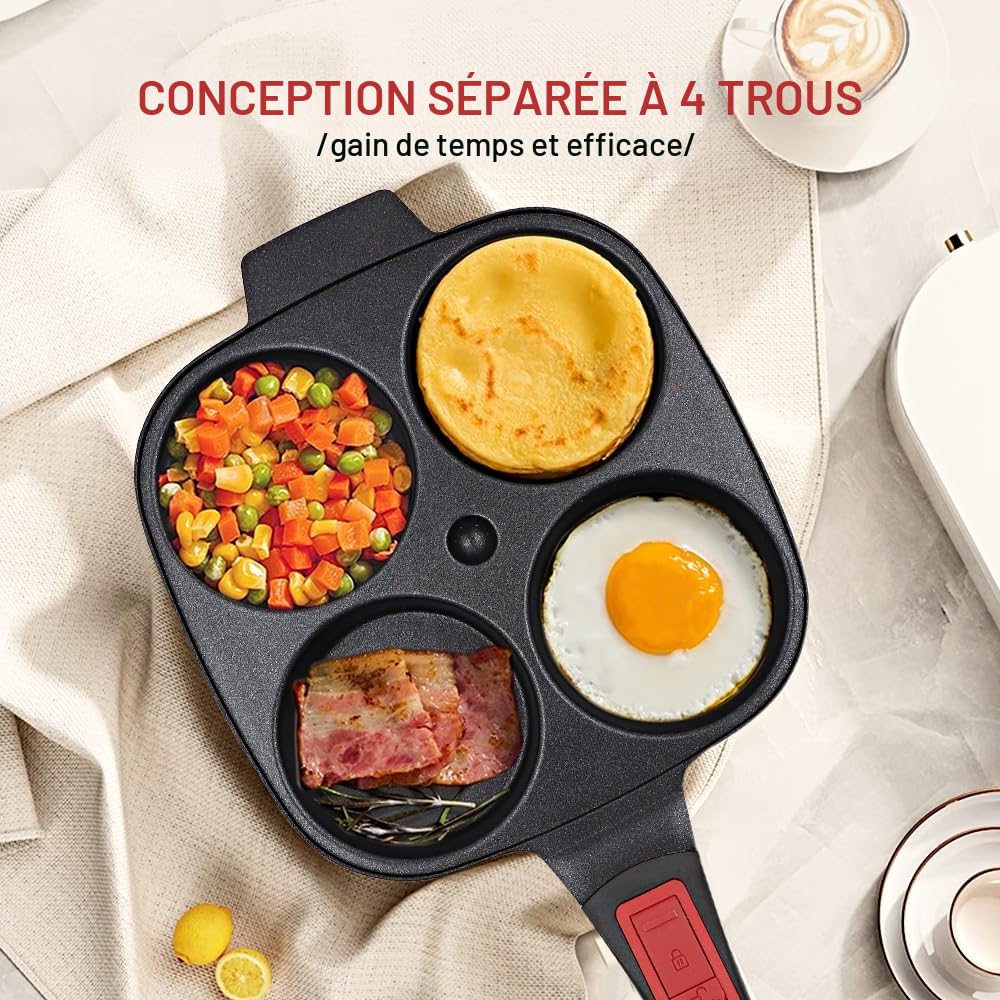 RANX INGST Poêle à Pancakes avec Couvercle Antiadhésive, Poêle à 4 Emplacements en Aluminium avec Poignée Amovible pour Tous Feux Dont Induction