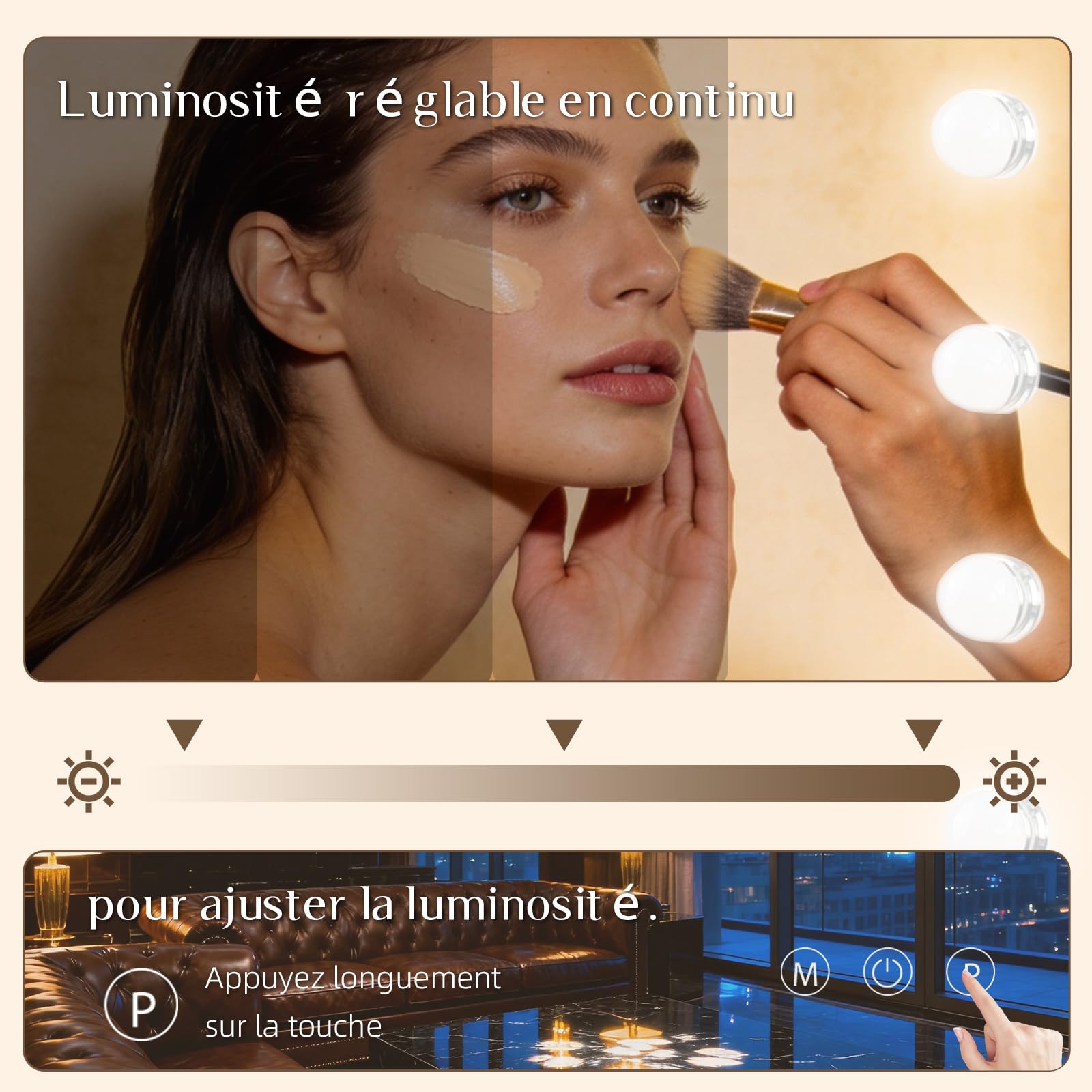 Miroir Coiffeuse de Maquillage 58×46 cm, LED 15  Lampes Super HD Makeup Mirror Hollywood avec Grossissement ×10, 3 Couleurs de Lumière Intensité Réglable, Port USB–pour Femmes et Filles
