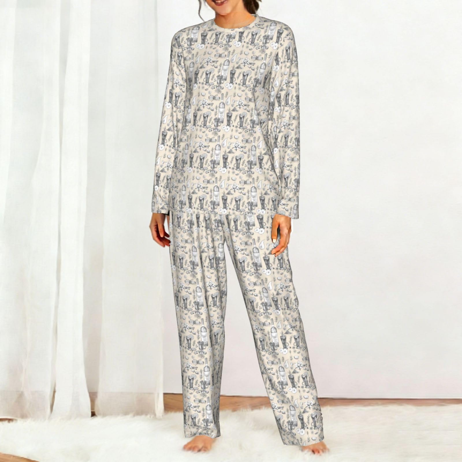 Vino e vinificazione Cantina Campo d'uva Stampa Delle Donne Manica Lunga Pigiama Corrispondente Morbido Spiaggia Vacanze Nightwear Regalo Casual