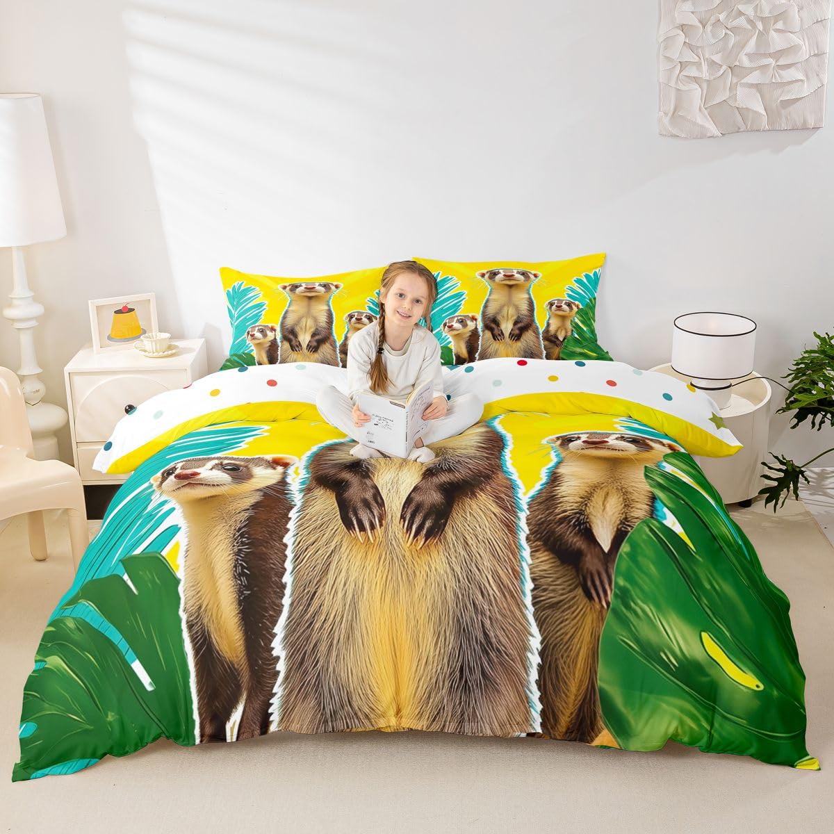 Homewish Śmieszne fretki zestaw poszewek na kołdrę w rozmiarze king size dla dzieci nastolatków - uroczy nadruk zwierzęcy pościel z 2 poszewkami na poduszki - nadruk dzikiej przyrody fretki poszewka