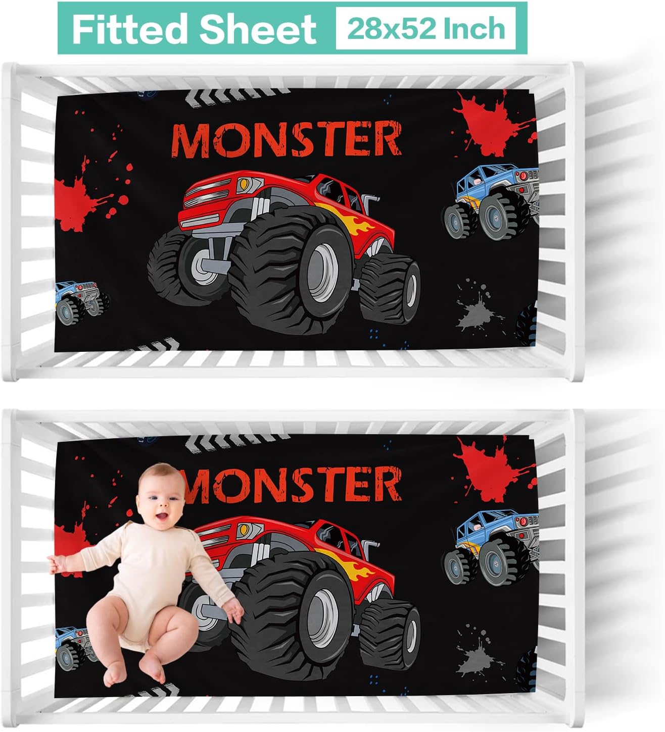Custom Baby Crib Bedding Set 3 Piece - Personalized Name with Vehicles Design - Soft Chic Blanket, Crib Sheet, Pillowcase for Newborns Boys Girls Nursery Gifts Color15-Monster Trucks