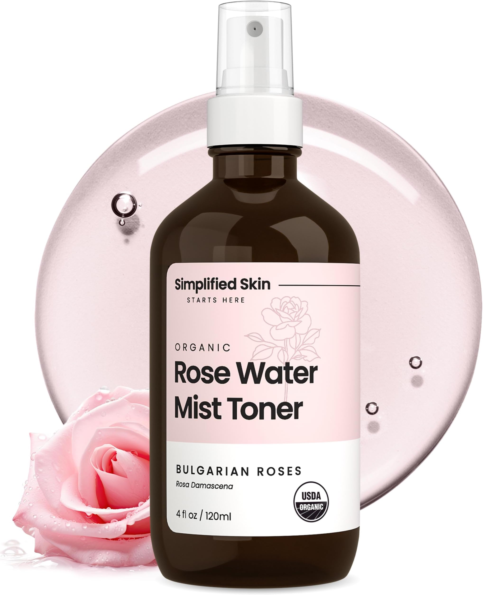 Rose Water Spray for Face & Hair – Pure USDA Organic Rosewater Toner – Refreshing Mist for Skin Care, Makeup & Locs – Natural Rose Scent, 4 Oz