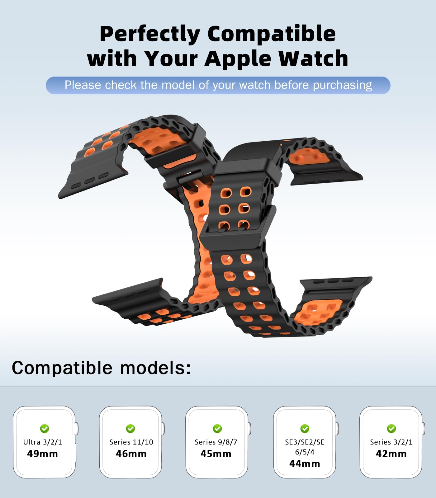 Breathable Ocean Strap Compatible with Apple Watch Ultra 2/Ultra 49mm,Series 10 46mm,9/8/7 45mm,SE2/SE/6/5/4 44mm,3/2/1 42mm, Silicone Watch Band Sport Strap for Men Women, Black/Orange