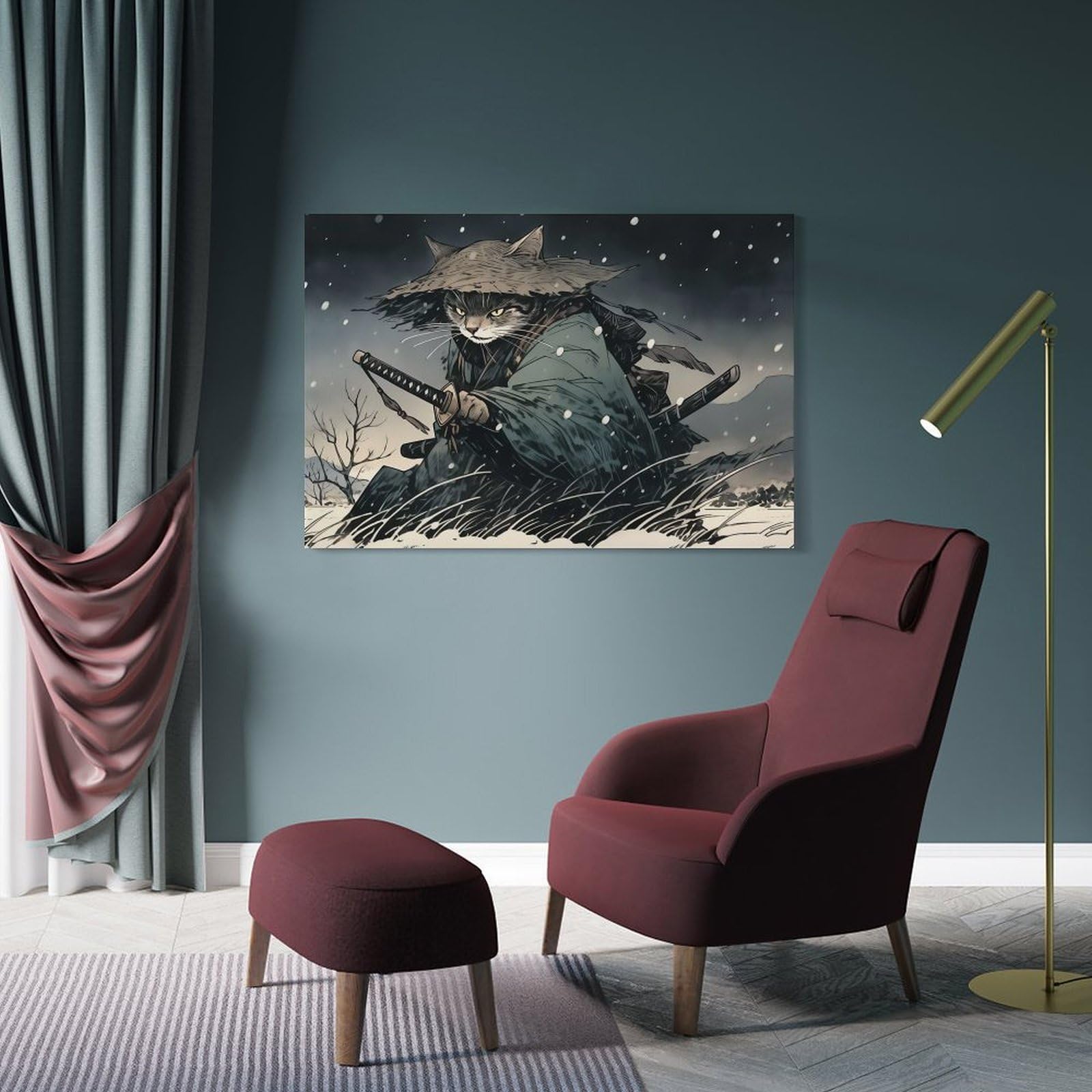 Junmoney Frame-Style-20-1 Wall Picture Print Samurai Cat, 24X36inch(60X90cm), For Contemporary Homes, Apartments Or Offices, Decorative Canvas Decor For Home Updates
