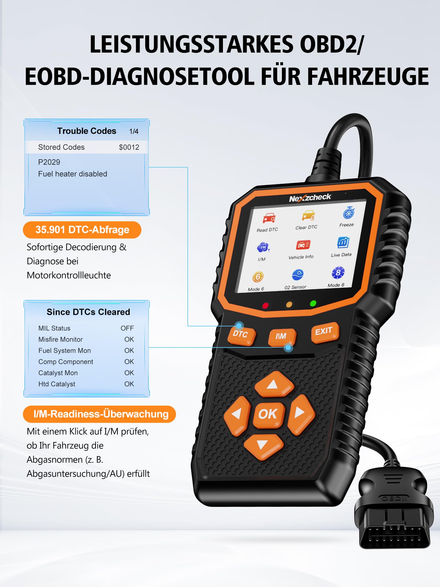 OBD2 Diagnosegerät OBD Auto Adapter: EOBD Auto Diagnose mit Vollständigen OBD-II Funktionen Motor Fehlerauslesegerät für BMW VW Mercedes Audi KFZ Diagnosegerät Deutsch für Alle OBD2 Scanner Fahrzeuge