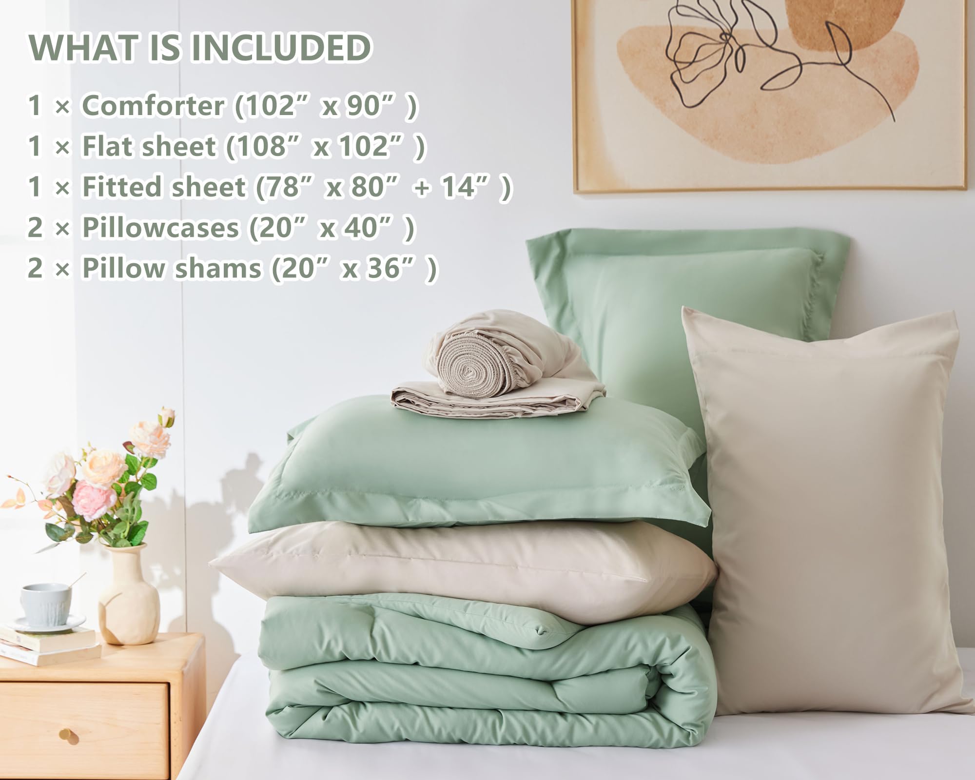 CozyLux Sage Green King Size Comforter Set 7 Pieces King Bedding Set Contrasting Design with Comforter, Flat Sheets, Fitted Sheet, Pillowcases & Shams, Boho Bed in a Bag King for All Season: King Sage Green