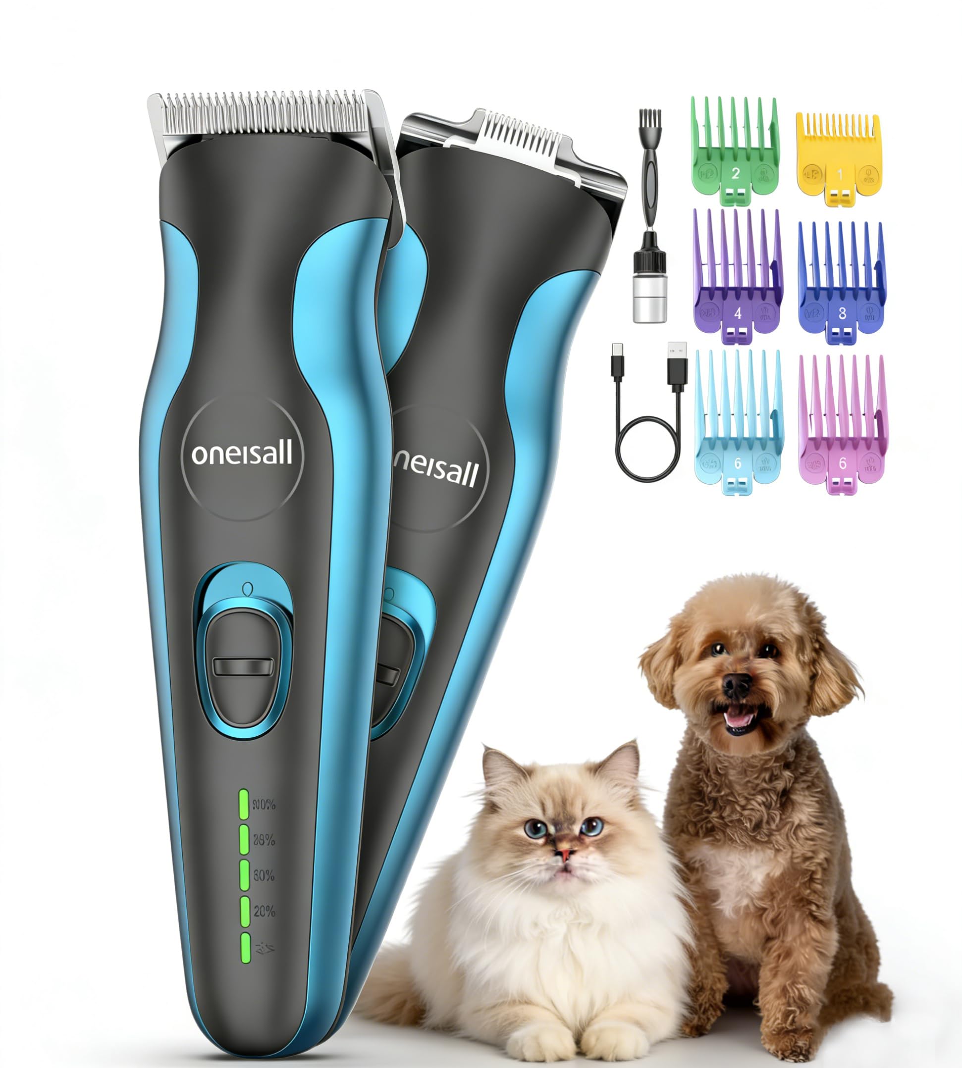oneisall Leise Hundeschermaschine Profi 2 in 1, 2000mAH 4h Laufzeit Schermaschine Katze Hunde Dichtem Fell, Hunde Haarschneidemaschine Tierhaarschneidemaschine Hunderasierer Langhaar Trimmer