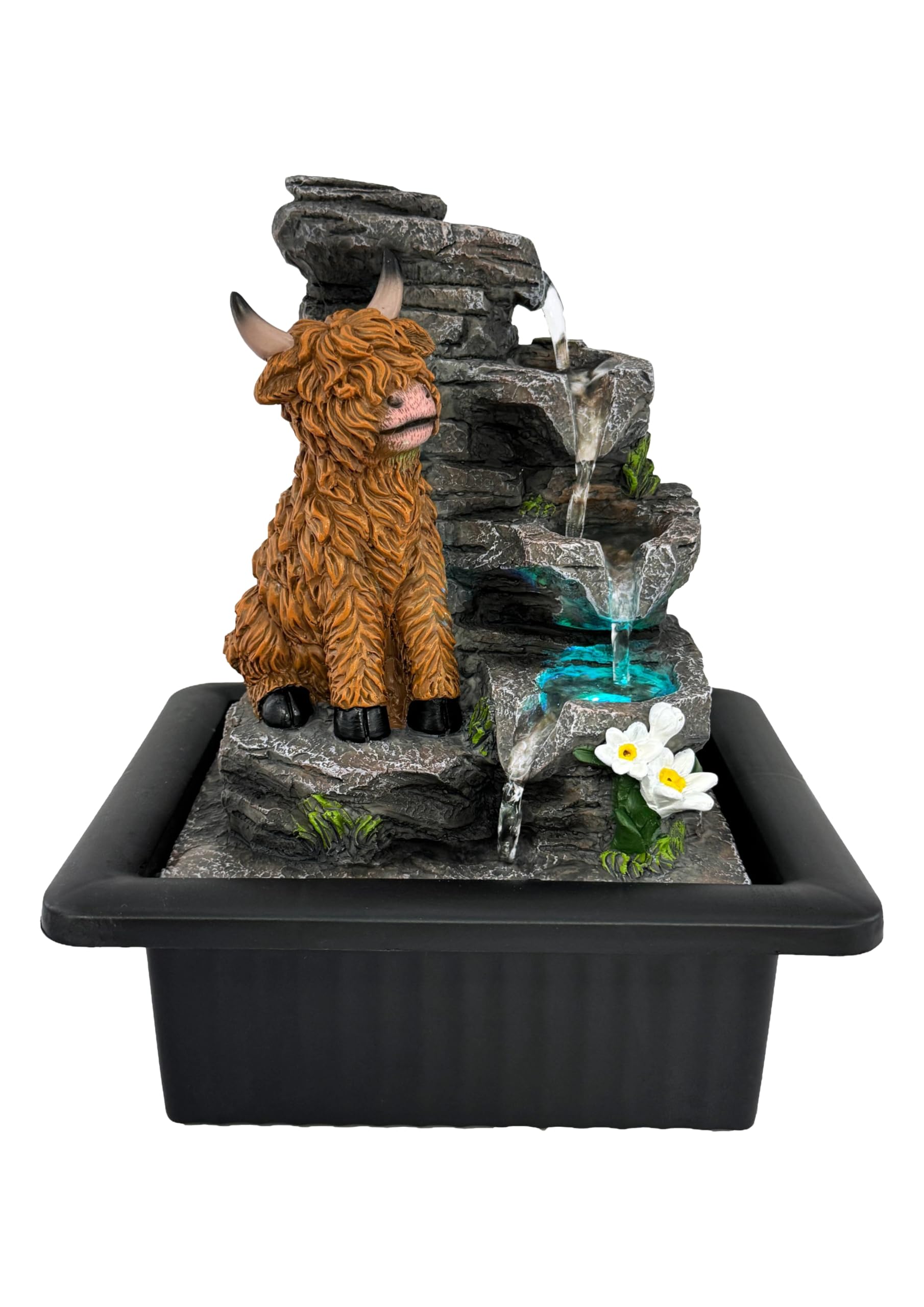 Creative Touch Highland Coo Indoor Tabletop Water Fountain with LED Light, USB Resin Highland Cow Water Feature for Home, Office, Bedroom, Shelf & Country Farmhouse Décor, 25cm