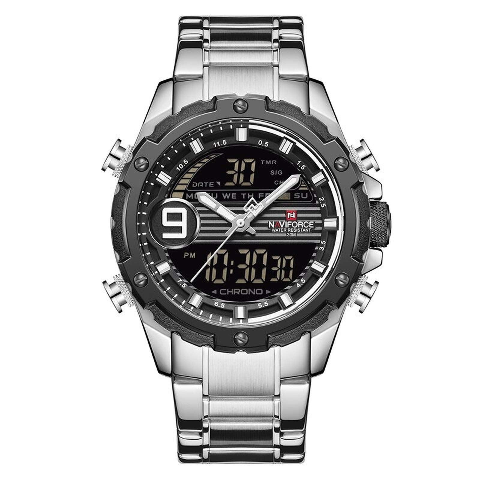 NAVIFORCE Stainless Steel Mens Watches Top Brand Men Fashion Sport Watch Male Waterproof Quartz Digital Led Clock Mens Military Wristwatch (Nf9146-Silver) (B08NT299FZ) Amazon Price History, Amazon Price Tracker