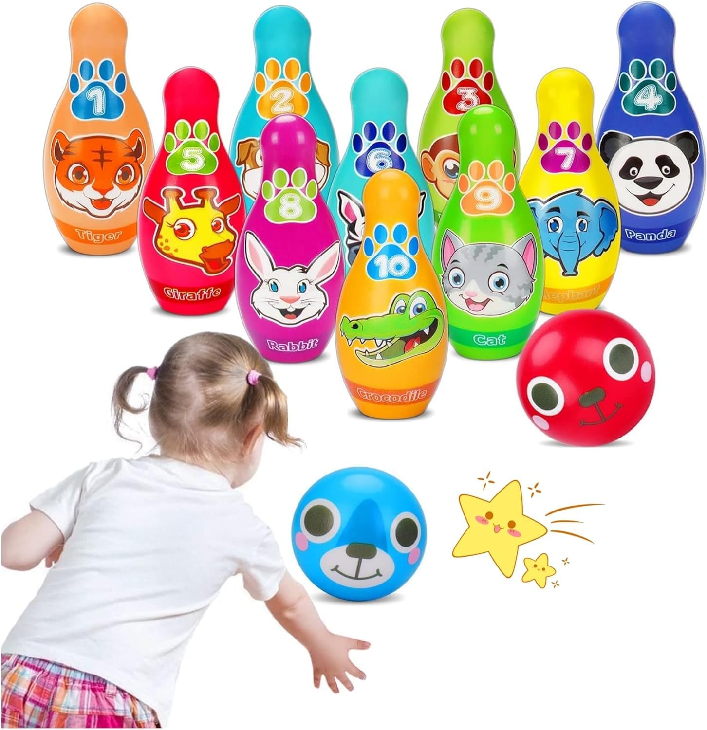 CLaLoc Kids Bowling Set Toddler Toys, Soft Foam Bowling Pins Animal Number Learning Activities Indoor Outdoor Games Outside Toys for 2 3 4 Year Old Boy Girl Birthday Gifts