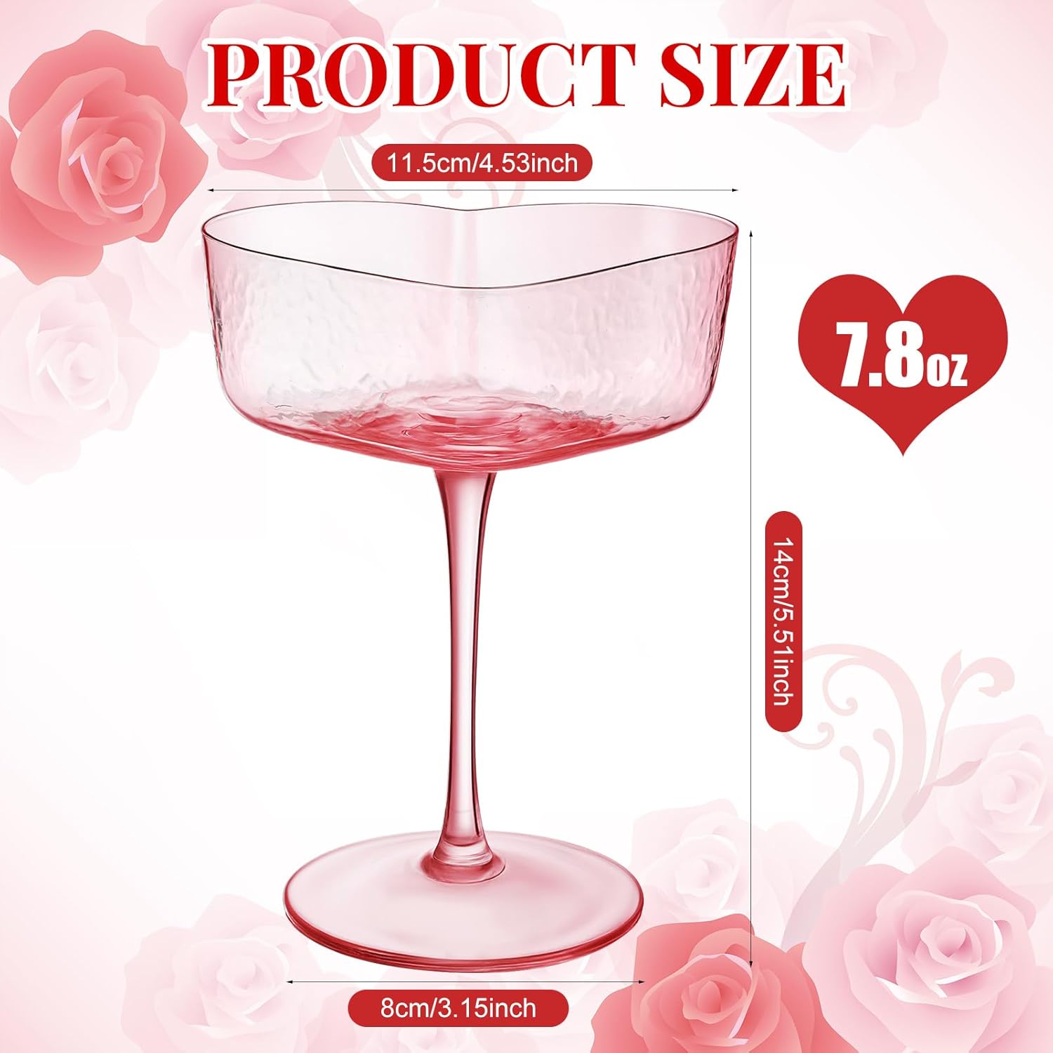 2 Pcs Valentine's Day Heart Shaped Goblet 20 oz Pink Wine Glasses Martini Cocktail Cups for Wedding Anniversary