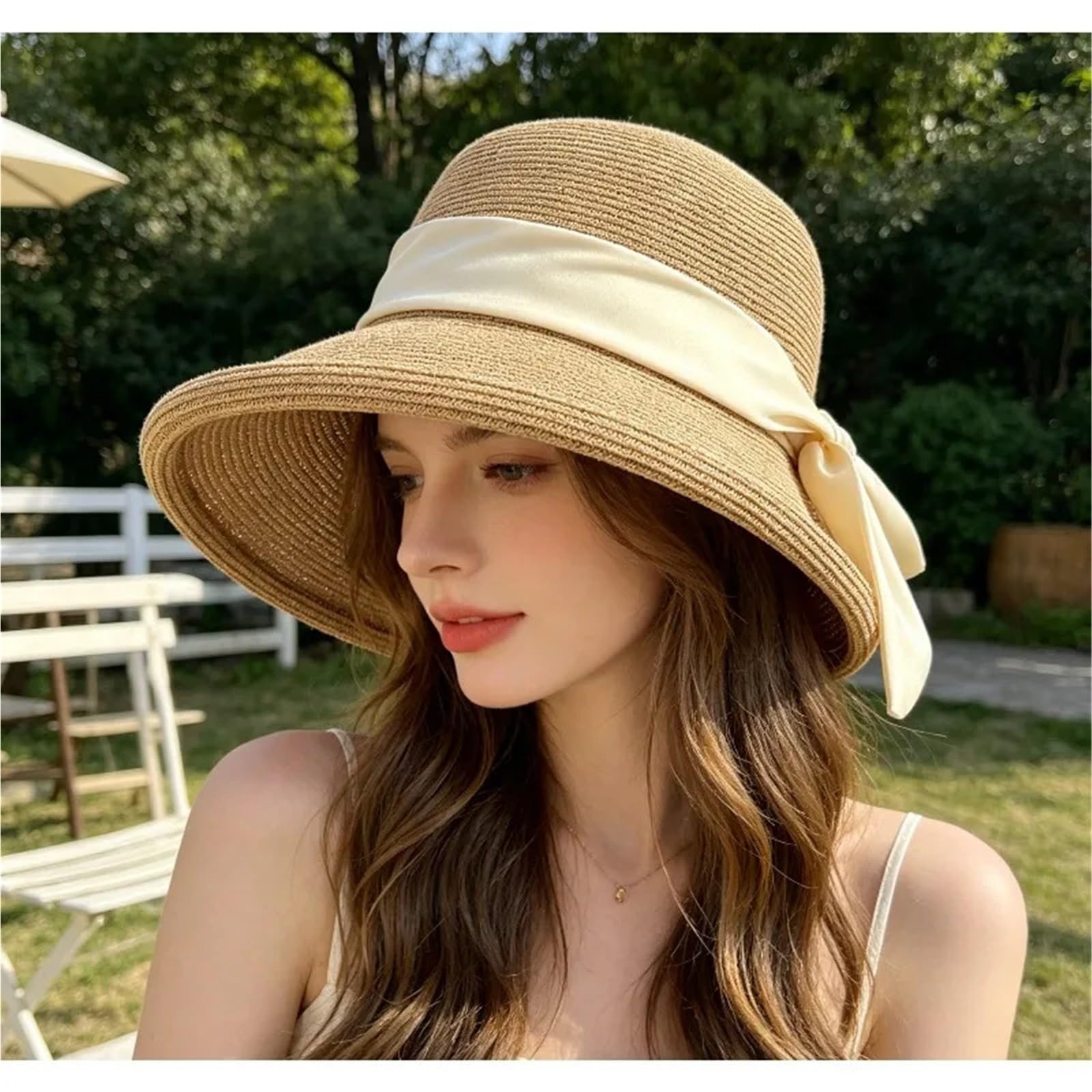 Sombrero de Paja con Abertura ala Ancha Elegante Dulce Arco Sol Playa for Mujer Verano para Viajes y Vacaciones