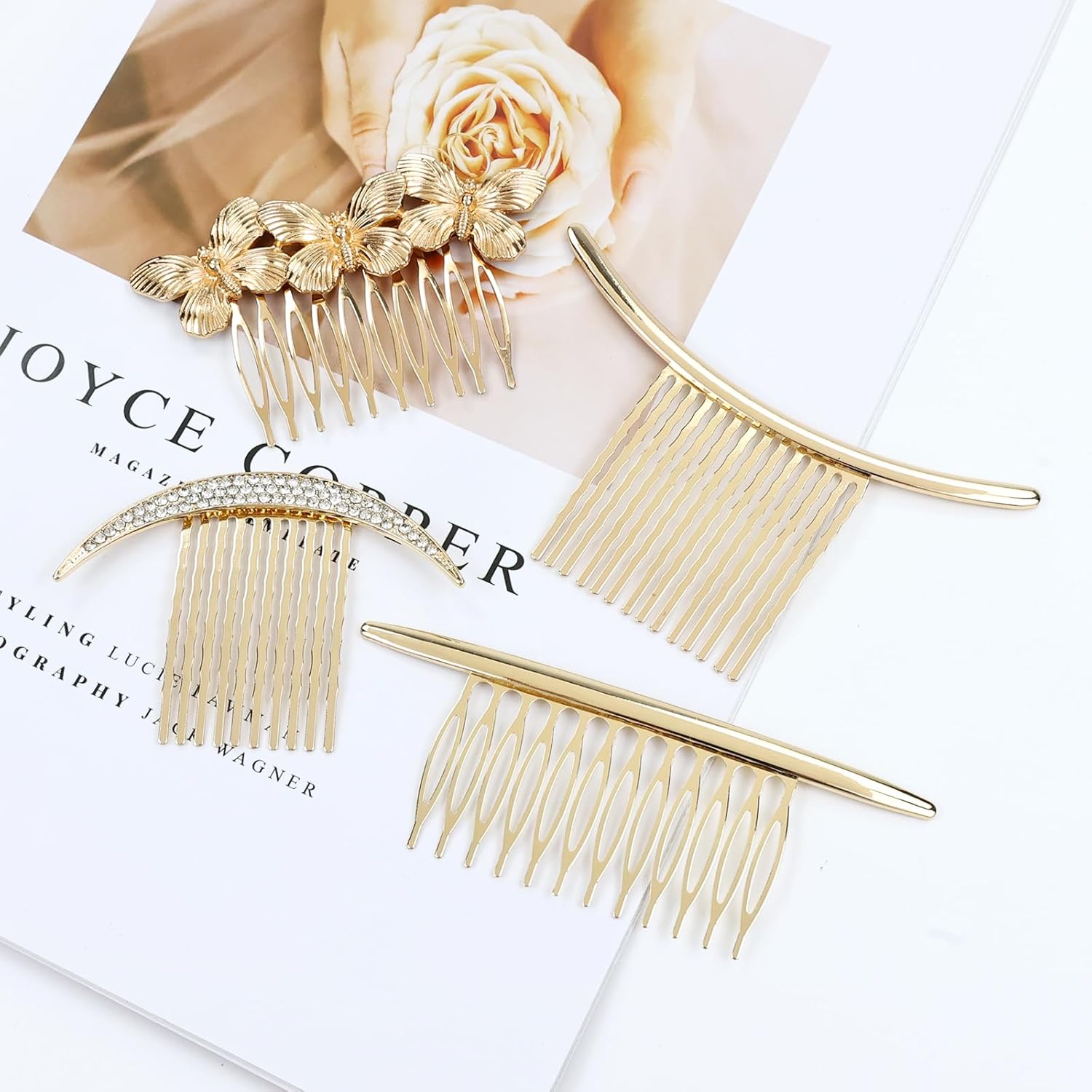 8 Pieces Gold Metal Vintage Pearl Rhinestone Butterfly Flower Leaf Sun Moon Prom Bridal Wedding Hair Side Combs French Twist Hair Pins Grips Headpieces for Women Girls - Image 9