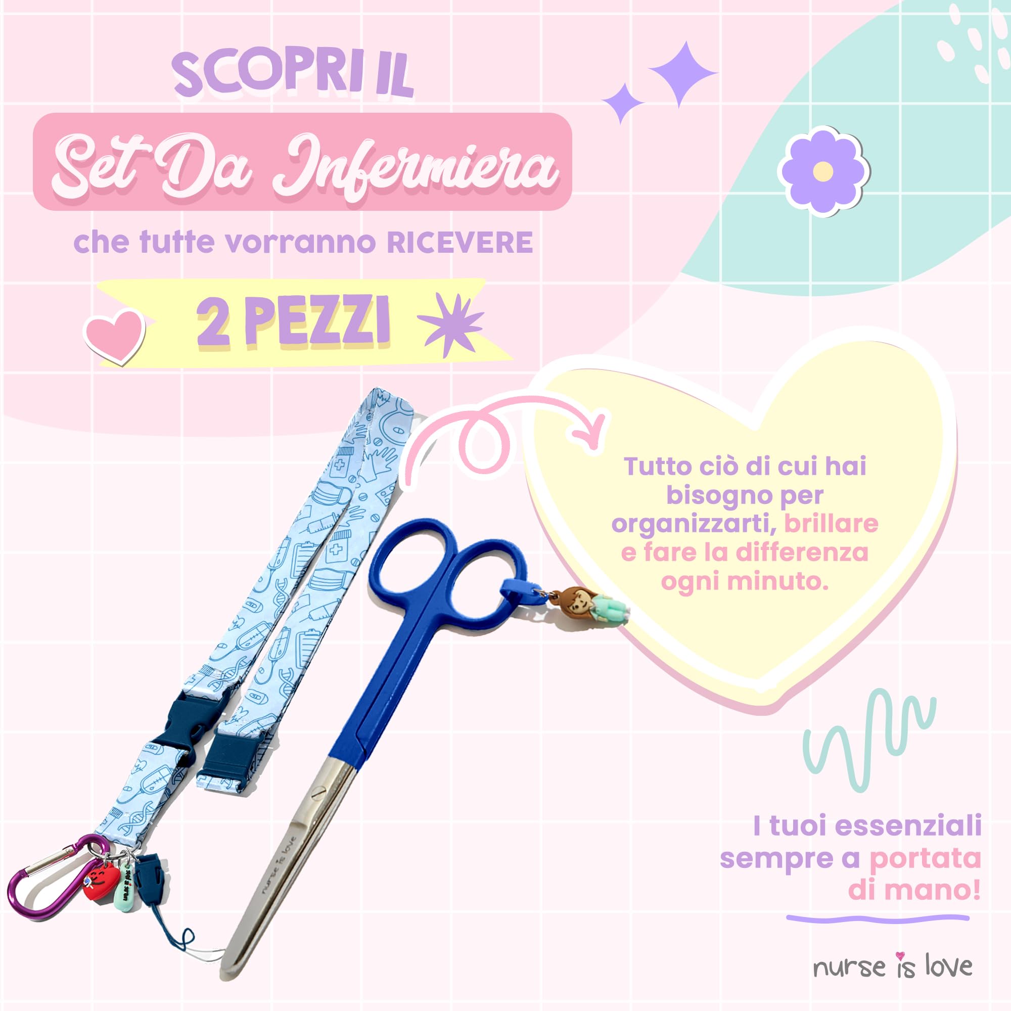 Nurse is Love Set Infermiera e TCAE (2 pezzi). | Porta Badge da Collo - Portachiavi Collo + Forbici Infermiere Mayo | Regali Personalizzati - Kit Accessori - BLU