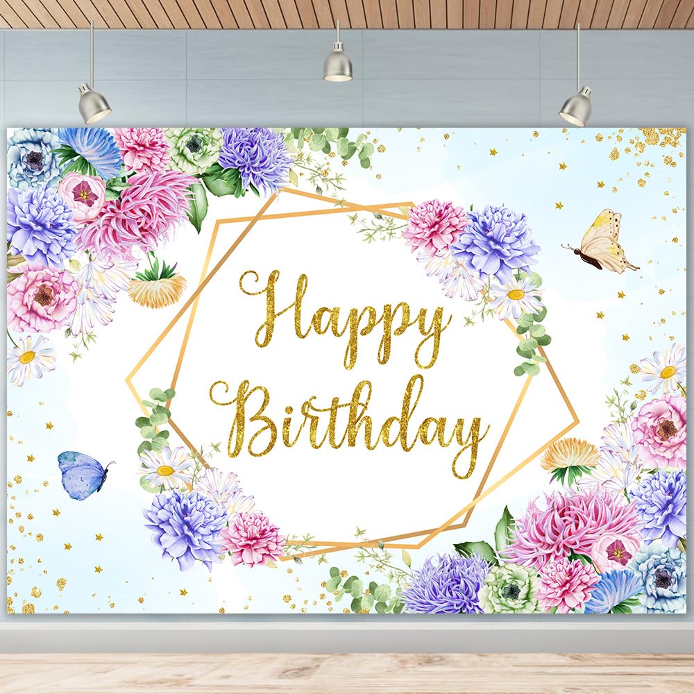 Retyshia Birthday Photo Backdrop 7x5Ft Pink and Purple Flower Blue Watercolor Washable Polyester Fiber Birthday Party Decoration Banner for Girls Cake