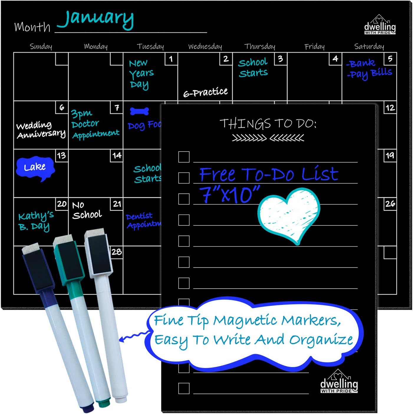 Magnetic Board for Refrigerator - Magnetic Dry Erase Board - Fridge Magnet Board - with 3 Magnetic Pens and to-Do List (Black, Calendar)