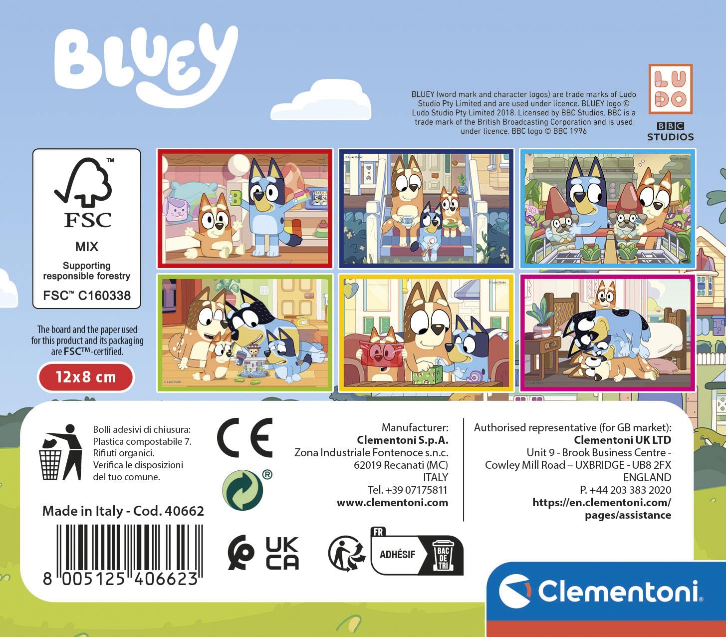Clementoni - Bluey Cube, Puzzle con 6 Cubi, Gioco Educativo Bambini 2+ Anni per Sviluppare Memoria, Logica e Manualità, Made in Italy, 12x8 cm, 40662