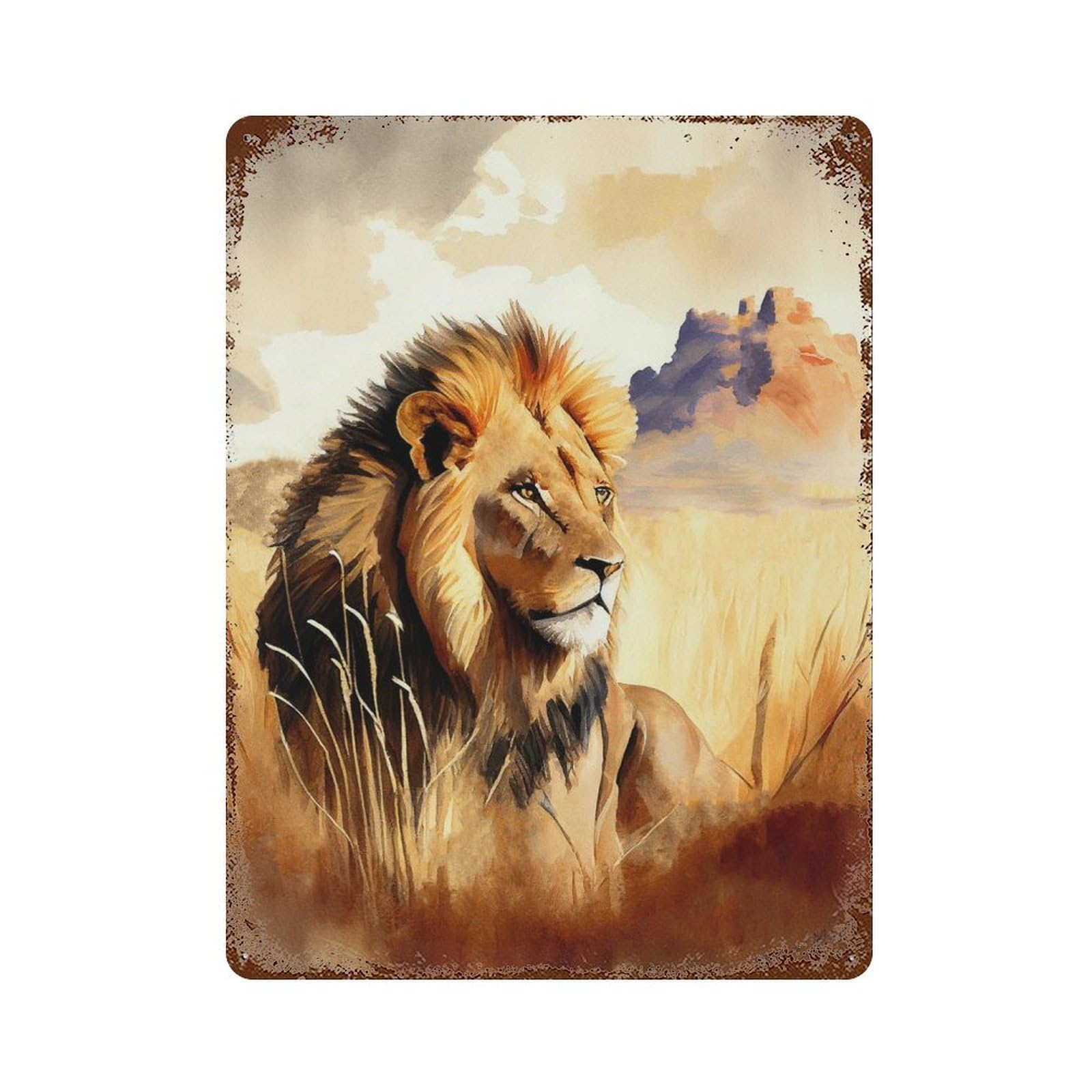 Lion Stands in The Savanna Rust Effect Tin Sign 15.7"x11.8", Vintage Wall Decor for Garage, Pub Or Kitchen