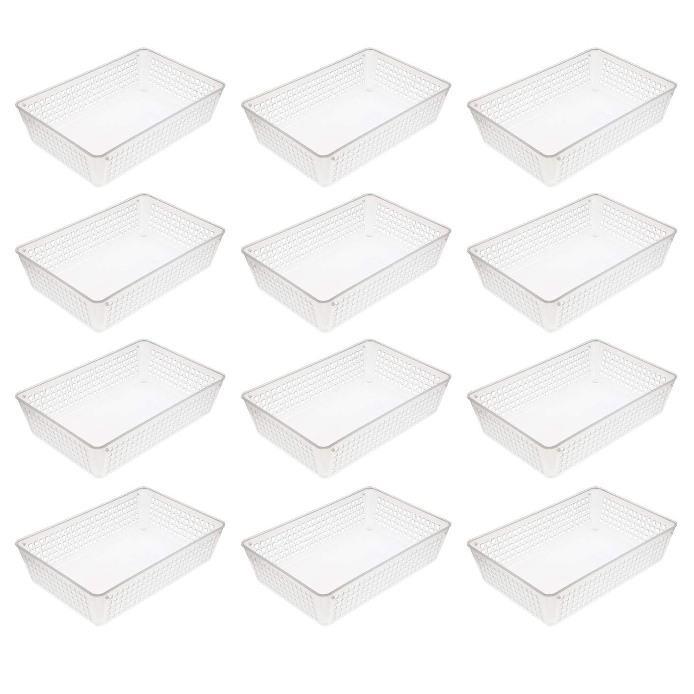 YBM HOME12-Pack Plastic Storage Baskets Bins for Home Junk Drawer, Shelves, and Office Organization, Functional Trays/Containers Great for Kitchen Pantry, Cabinets, Bedrooms, and Bathrooms, Clear