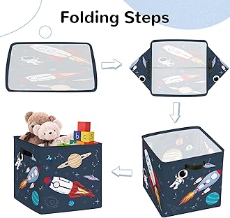 Clastyle Pack of 3 Cosmic Space Children's Storage Boxes Fabric for Kallax Foldable Storage Basket Small Boys Girls Cupboard Organiser Wardrobe for Shelf, Rocket, 30 x 30 x 30 cm