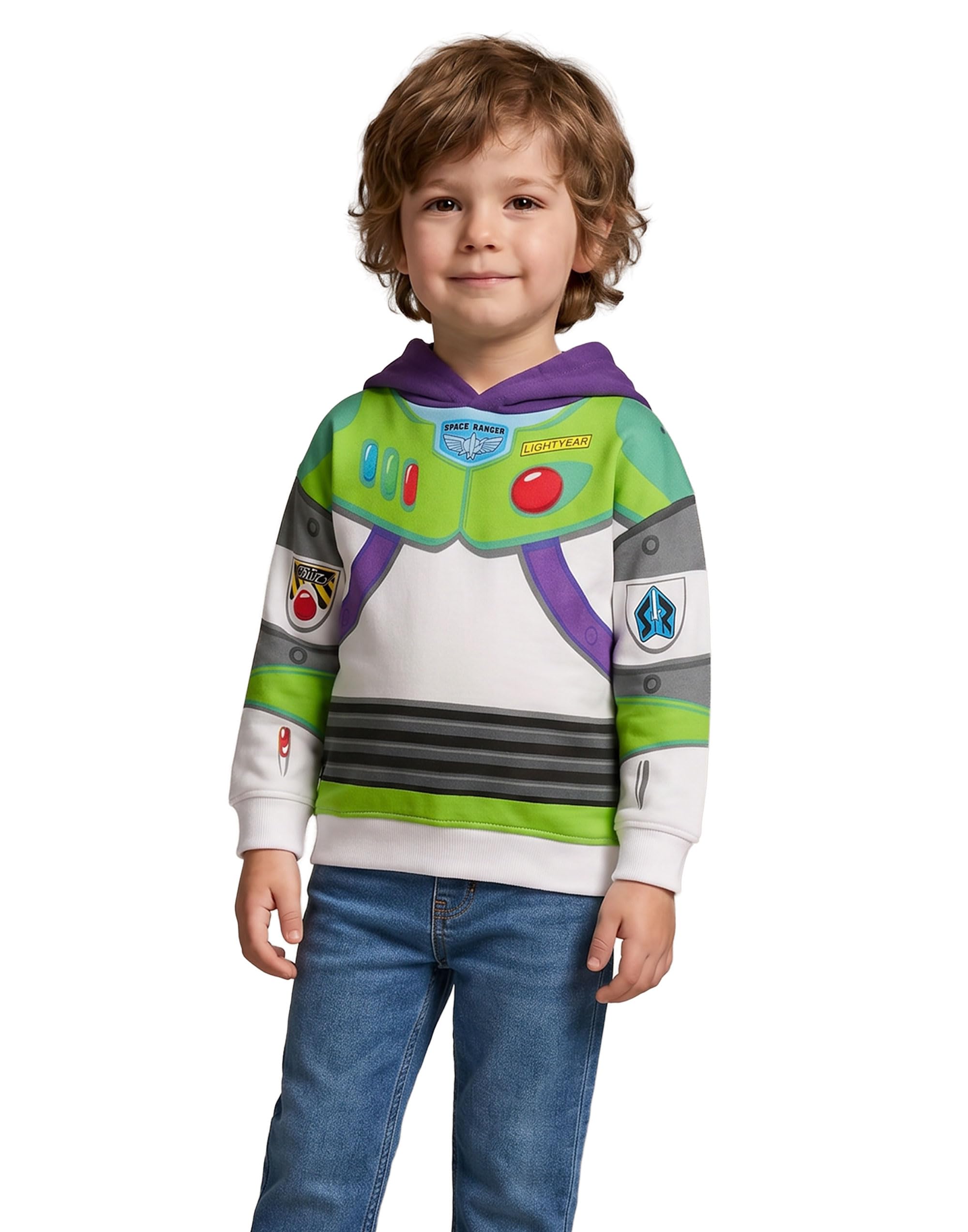 Disney Boys Buzz Lightyear Toy Story Green Hoodie | Long Sleeve Pullover With Graphic Chest Print | Armour Detail & Emblem Patches | Everyday Wear Jumper | Kids Movie Merch - 5-6 Years