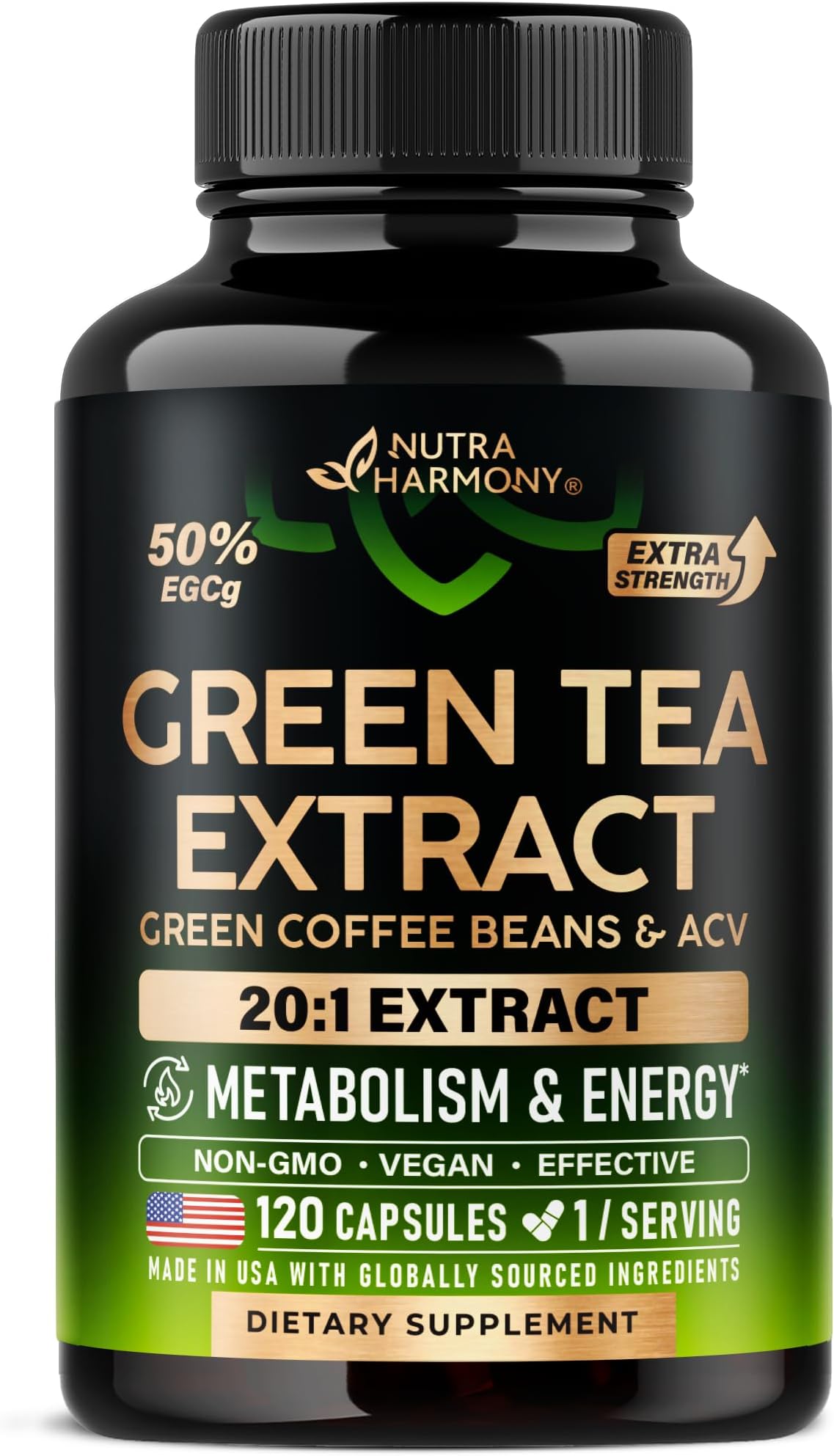 Green Tea Extract - 50% EGCG, Extra Strength 20:1 Extract - Natural Green Tea Supplement + Green Coffee Beans & Apple Cider Vinegar - Energy & Metabolism Support - for Men & Women - Vegan 120 Capsules