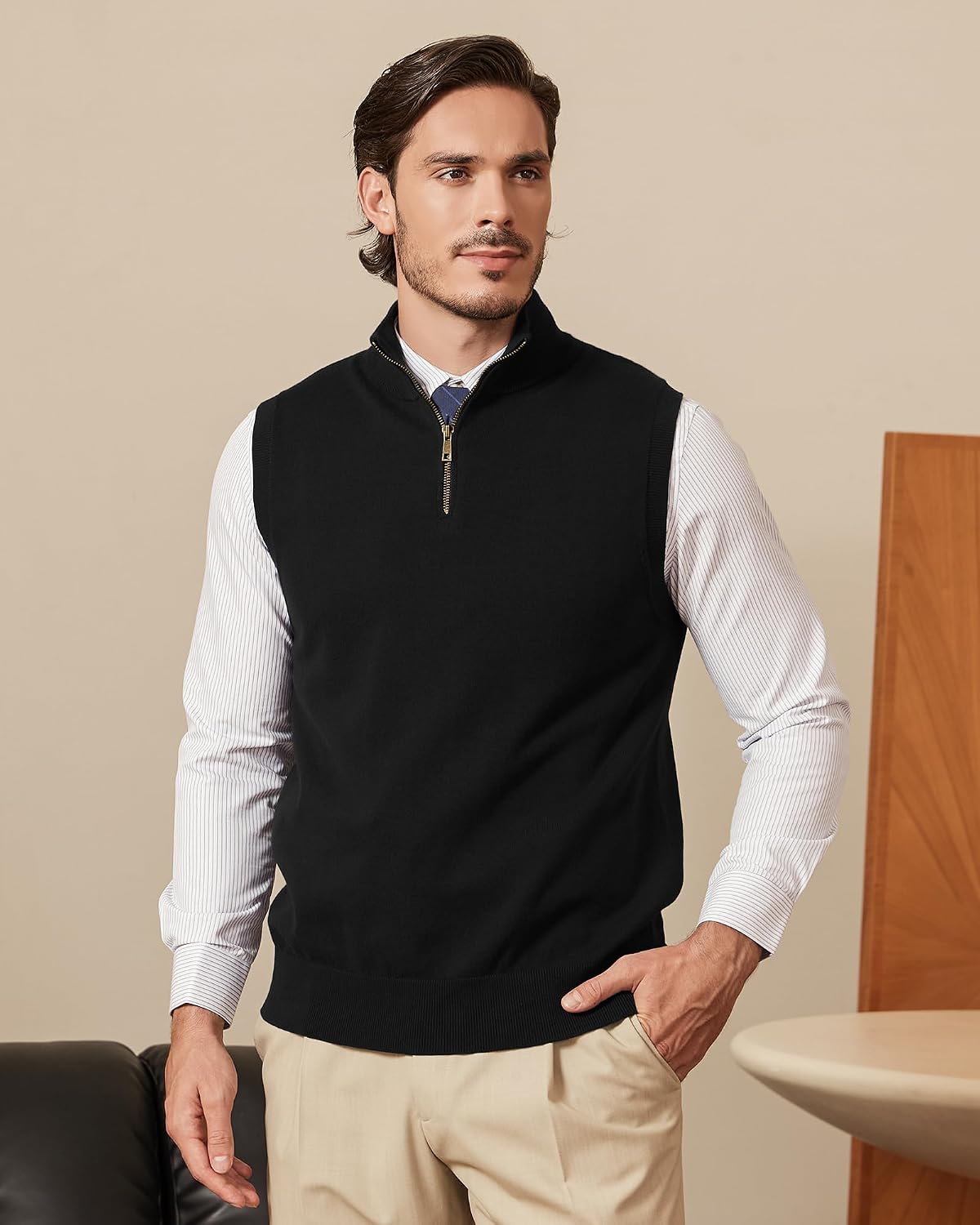 Kallspin Mens Pure Cotton Quarter Zip Sweater Vest V Neck Lightweight Sleeveless Knitted Pullover for Golf Casual