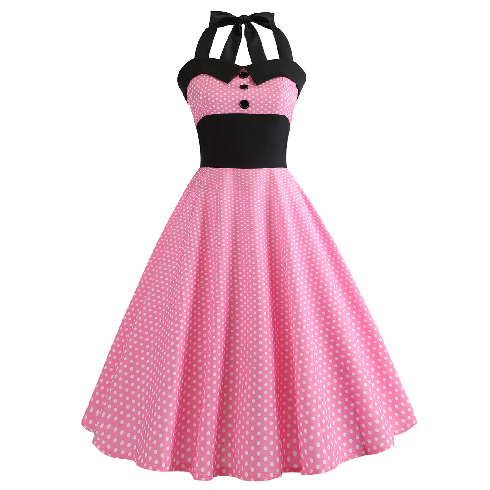 Women 50s Vintage Polka Dot Halter Cocktail Swing Dress Buttons Floral 1950s Rockabilly Audrey Hepburn Prom Tea Party Dress