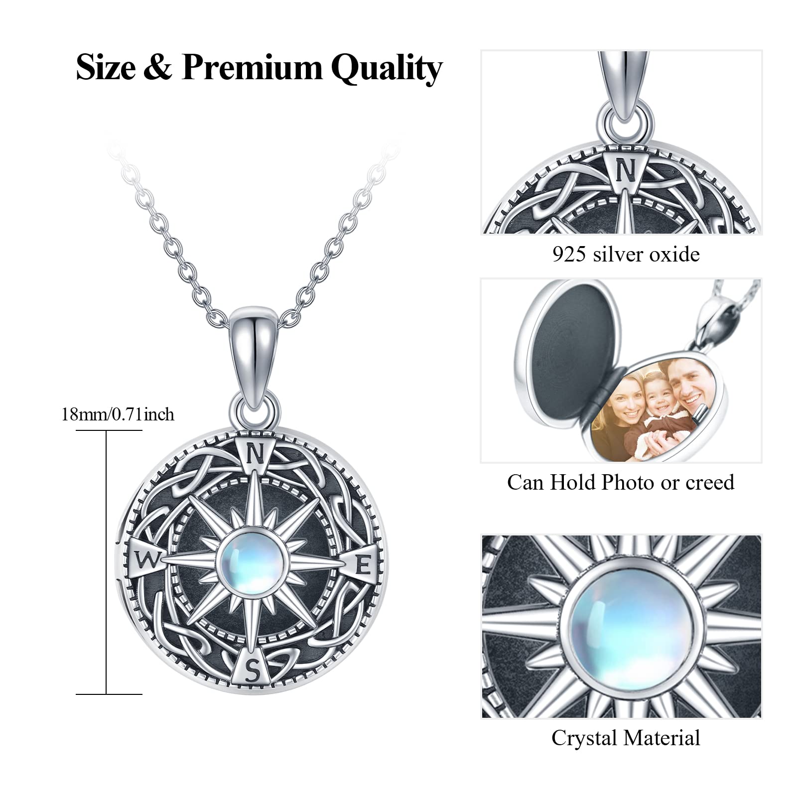 REDSUN Medaglione a bussola in argento Sterling 925, con pietra di luna, con nodo celtico, medaglione con foto e bussola, gioielli per uomo, figlio, ragazzo, donna