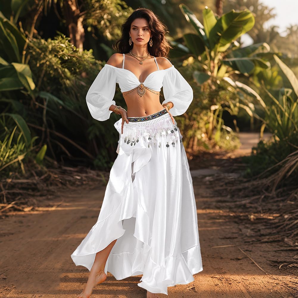 Women Belly Dance Wrap Skirt with Single Split Satin High Waist Performance Skirt for Stage Shows