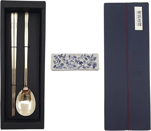 Cuchara coreana para palillos 1 juego y estante de cerámica 1 pieza metal acero inoxidable 1810 personajes de Hangul impresos con caja de regalo